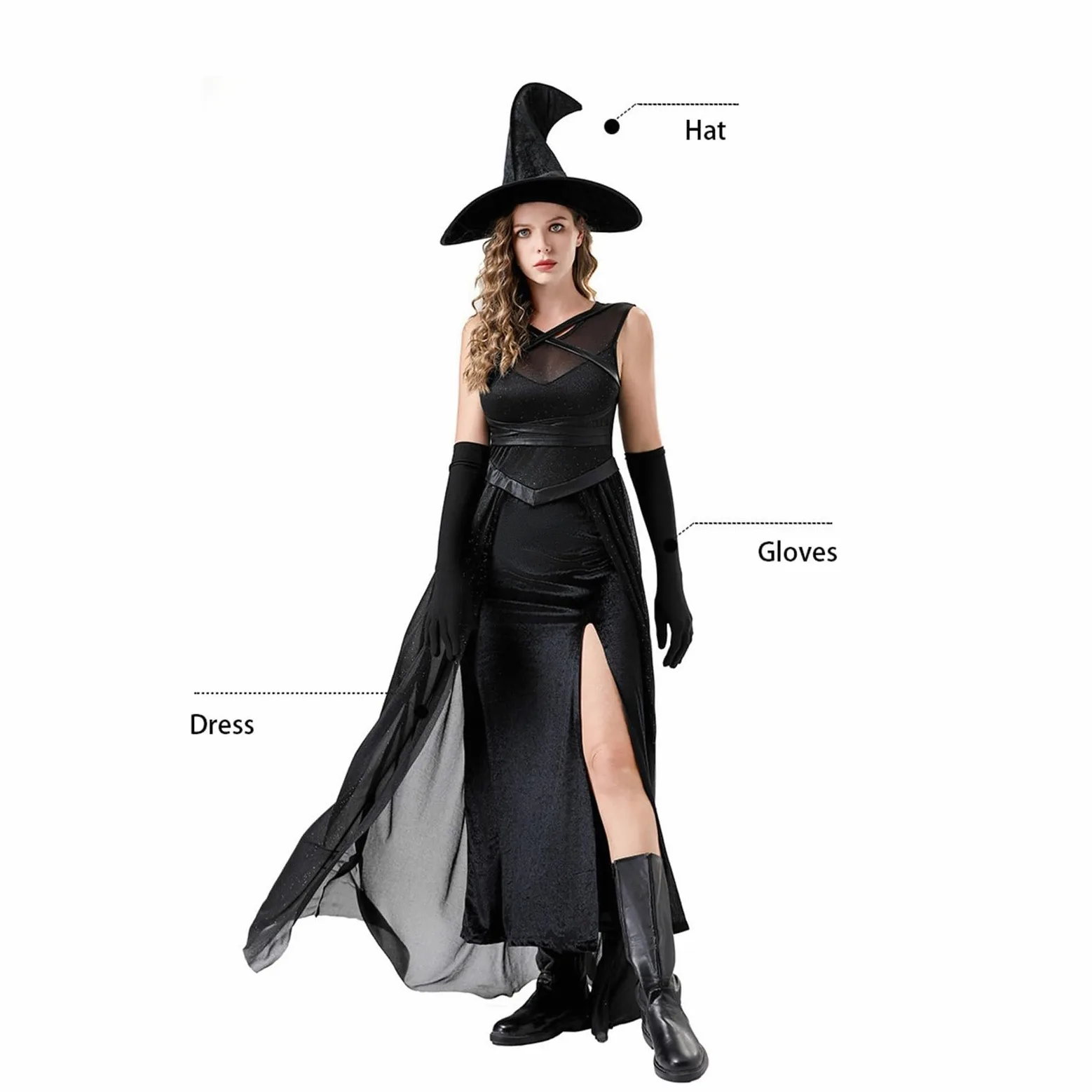 Generisch Disfraz de Halloween para mujer, disfraz de bruja sexy, disfraz de cosplay, capa de bruja, negro, medias de red, carnaval, disfraz de bruja, juego completo, sombrero de bruja, disfraz de