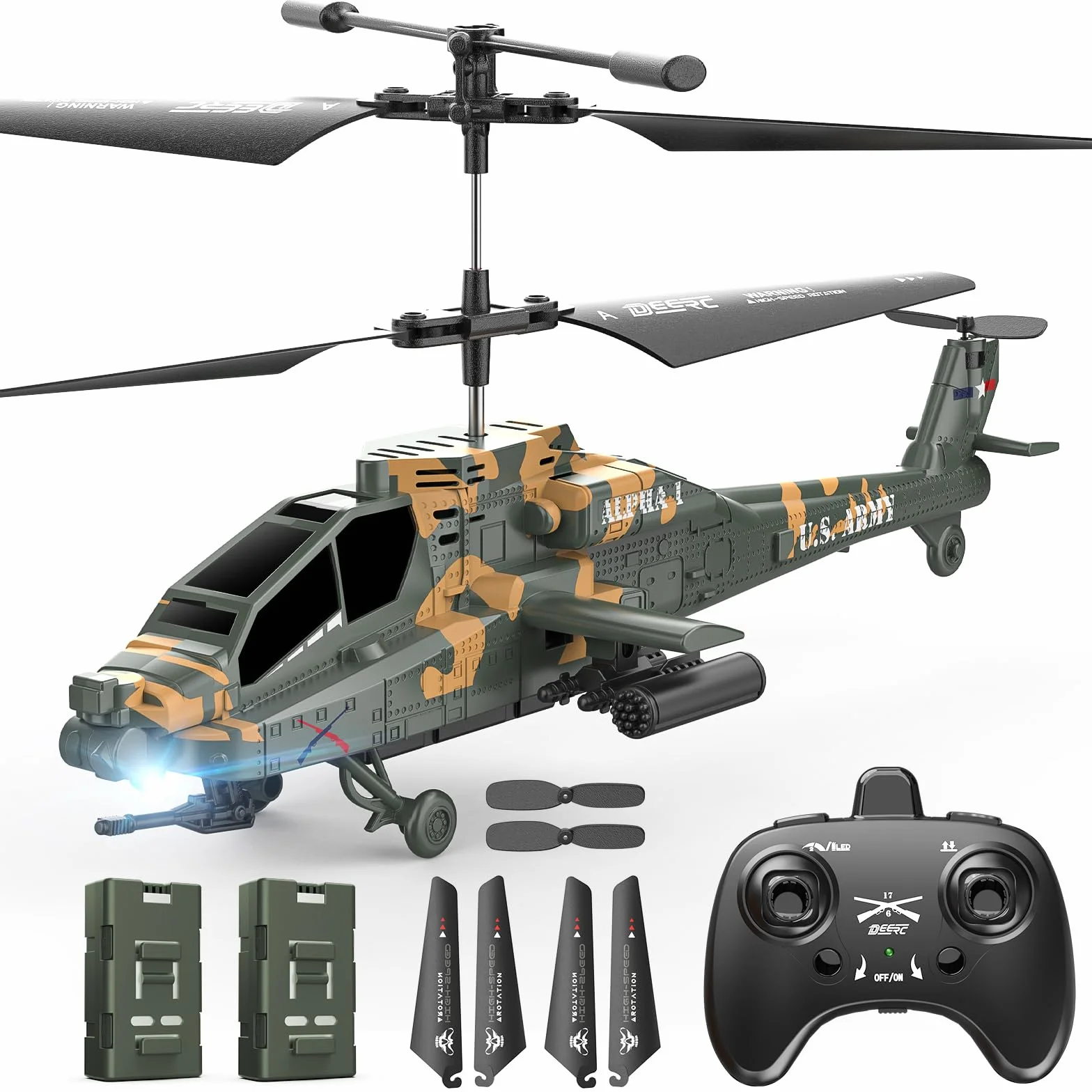 DEERC Helicóptero RC para Adultos y niños, helicóptero Militar Control Remoto 2.4 GHz, 2 baterías, 26 Minutos de Vuelo, Luces LED, retención altitud, despegue con una Sola tecla, Apto para Interiores