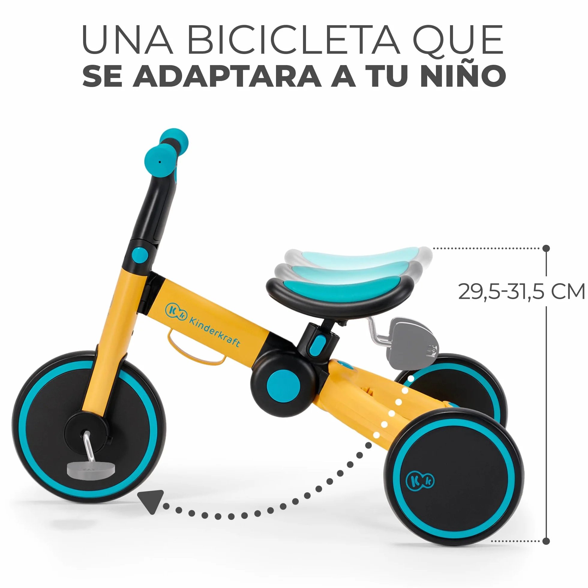 kk Kinderkraft, 4TRIKE Triciclo 3 en 1, Minibicicleta, Bicicleta sin Pedales, Bicicleta bebé, para niños, Minitriciclo de Equilibrio, Plegable, Asiento Ajustable, 12 meses - 5 años, 25 kg, Amarillo