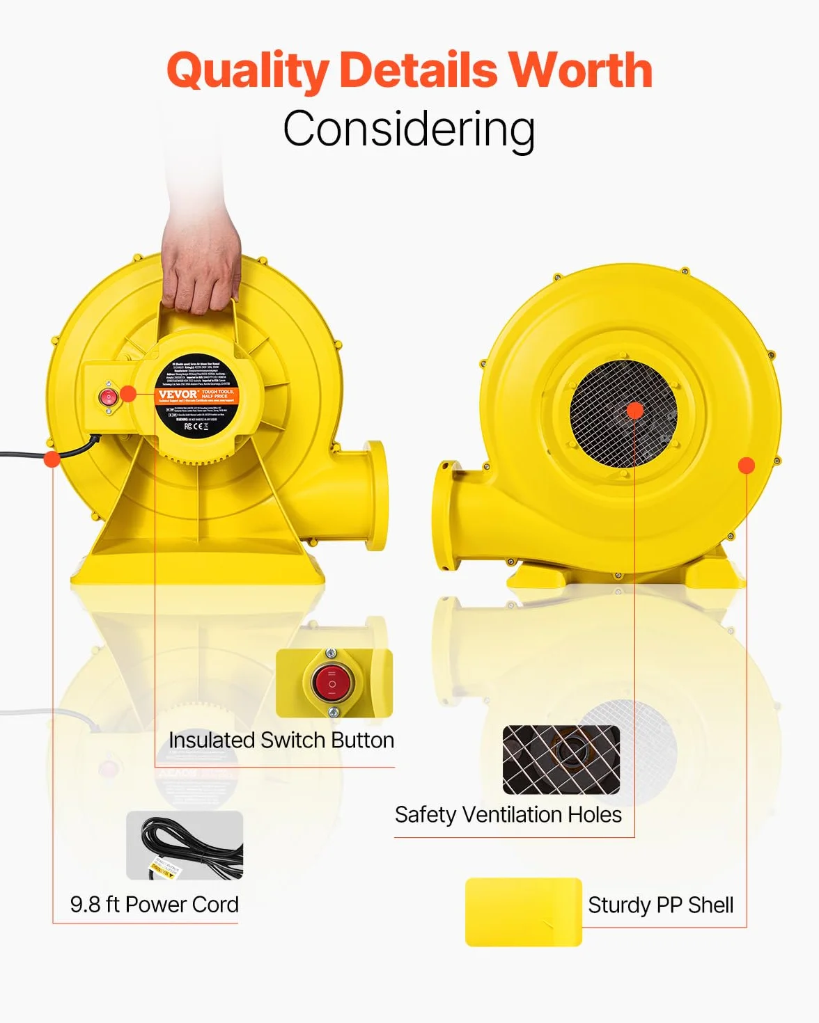 VEVOR Soplador de Aire para Castillos Inflables, 870 W y 950 W, 1,3 HP, Bomba Comercial, Ventilador Eléctrico 3300 RPM, Castillos Inflables, Toboganes de Agua, Amarillo, 420 x 240 x 420 mm