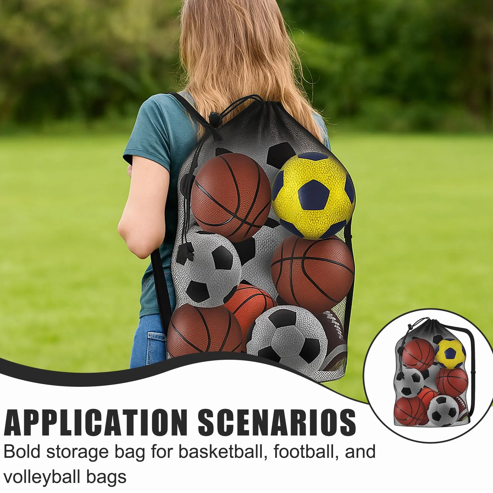 Saco de Malla para Pelotas 75x100 cm con Cordón para 10-15 Bolas Baloncesto Fútbol Voleibol Negro