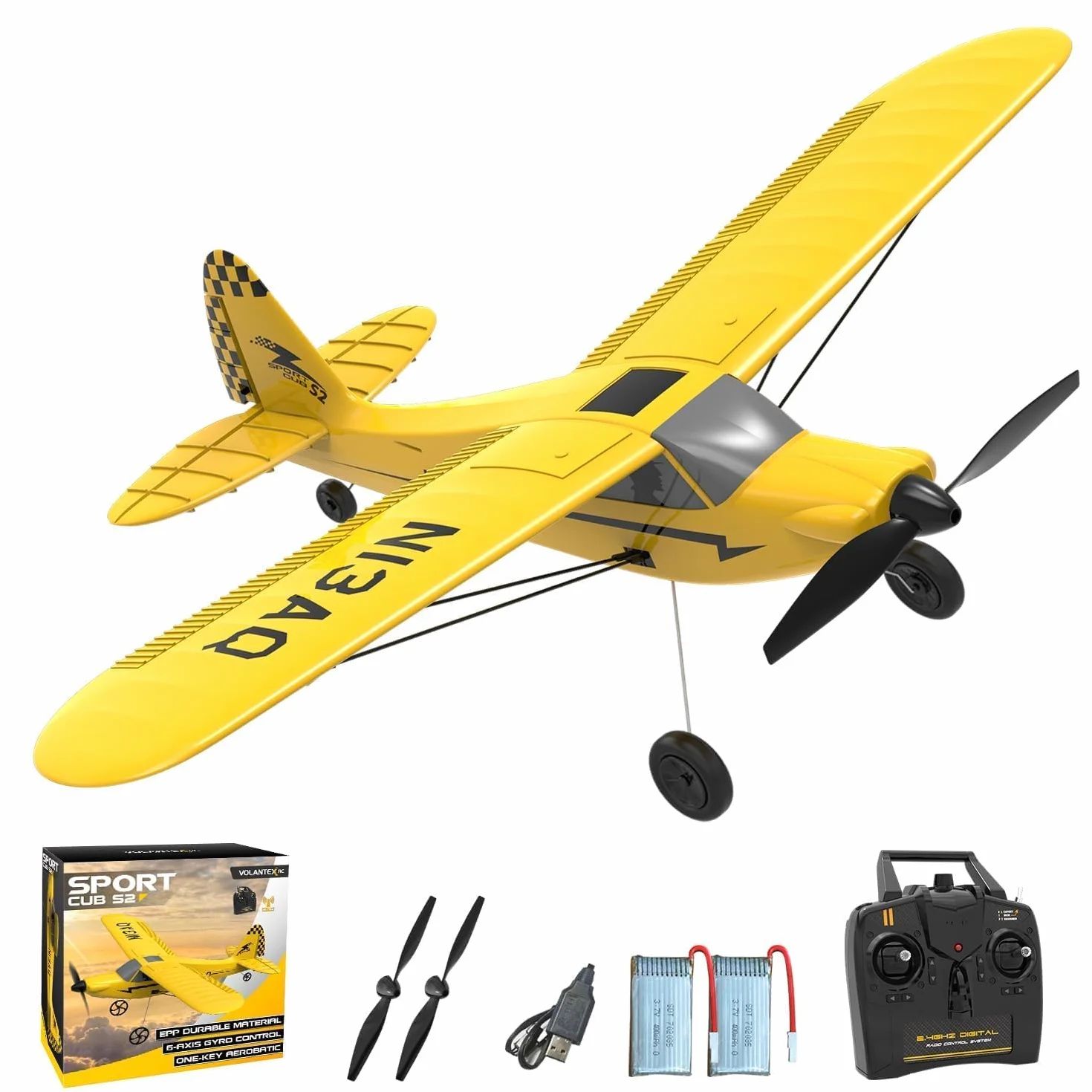 volantexrc Sport Cub S2 - Avión RC de 3 Canales con Estabilizador Giroscópico de 6 Ejes, Sistema 2.4 GHz, RTF con 2 Baterías, Ideal para Adultos, Niños y Principiantes