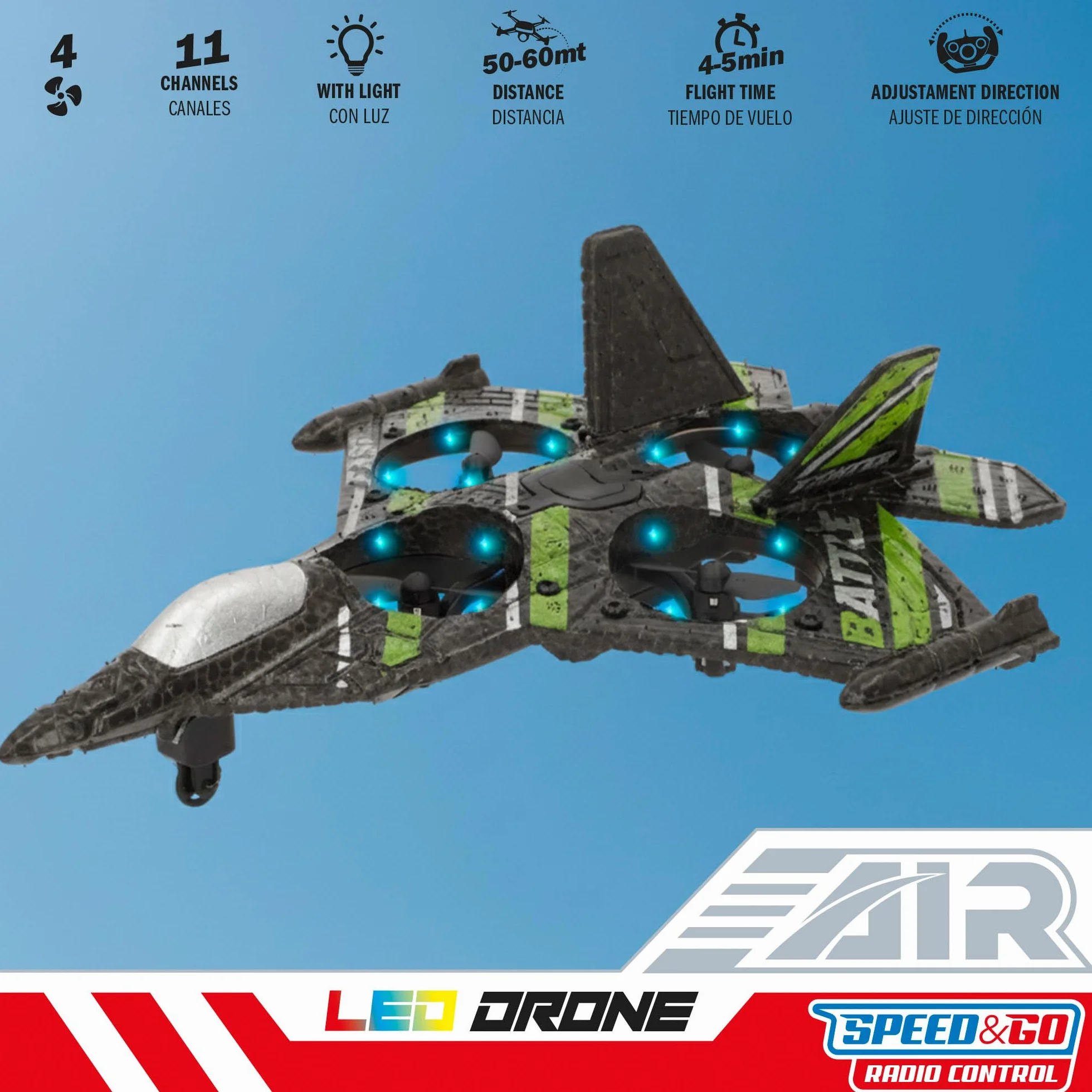 COLORBABY Speed & Go Dron avión de combate teledirigido, luces LED, 50-60 metros, Ajuste dirección, 2.4 GH.z, Giro 360º, Auto despegue y aterrizaje, Aviones combate, RC, Vehículos radiocontrol (41366)