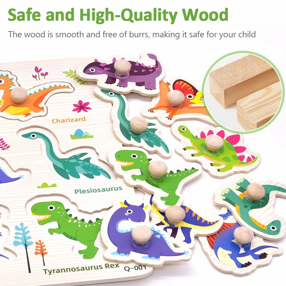 Dinosaurios Puzzle de Madera, Dinosaurios Rompecabezas de Madera Juegos, Puzzle Madera Infantil, Motricidad Fina y Concentración, Juguetes Bebes Educativos Regalos para Niños Niñas