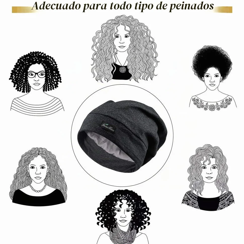 FocusCare ADJUST-1 Gorro de dormir ajustable con forro de satén para rastas y pelo rizado, Talla L, Negro