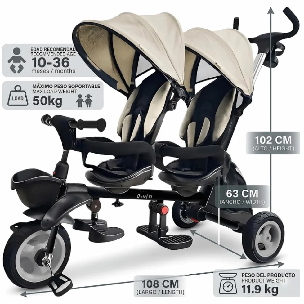 QPlay Triciclo Evolutivo Bebé para Dos | Triciclo para Gemelos o Mellizos, para Bebes Desde 10 Meses hasta los 36 Meses, Paseos en Familia