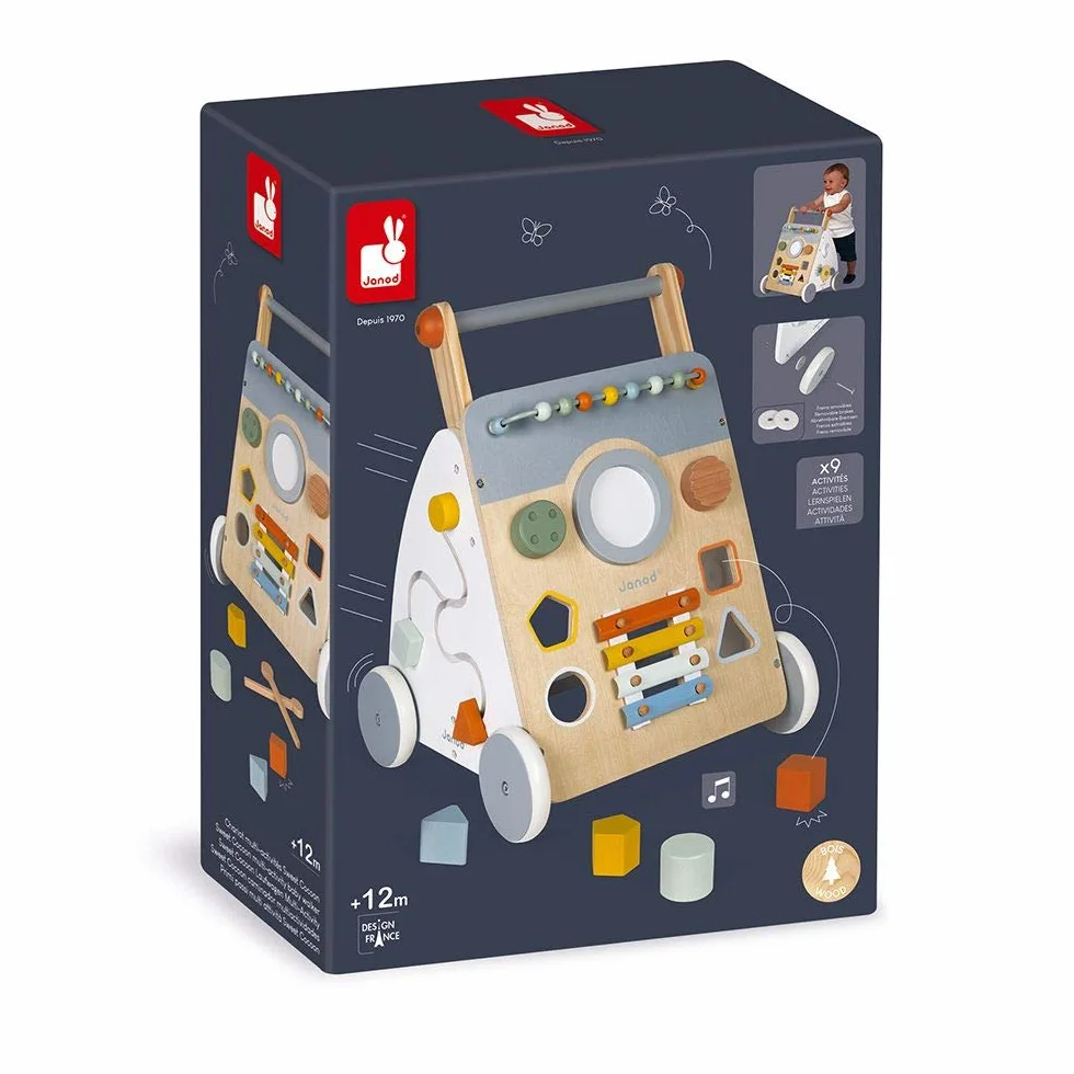 Janod - Carro Multiactividad Sweet Cocoon - Carro de Madera para aprender a caminar - 9 Actividades - Ruedas Silenciosas, Pintura al Agua - Juguete Infantil Adaptable desde los 12 meses, J04410