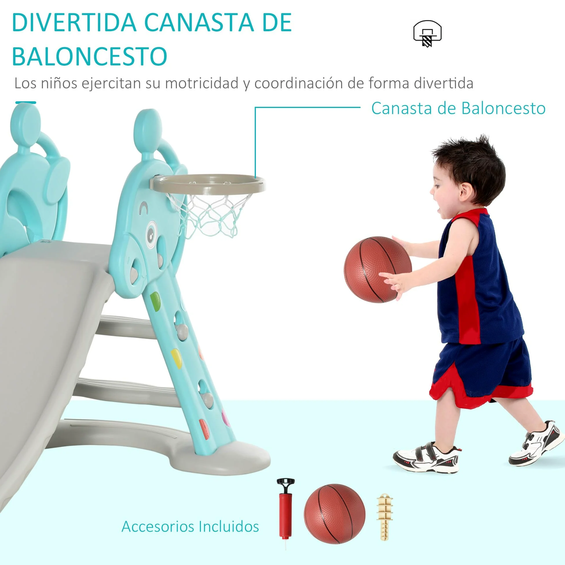 HOMCOM Tobogán para Niños +18 Meses Plegable 2 en 1 con Canasta de Baloncesto Modelo Jirafa Juguete Infantil para Interiores y Exteriores 147x82x85,5 cm Azul y Gris