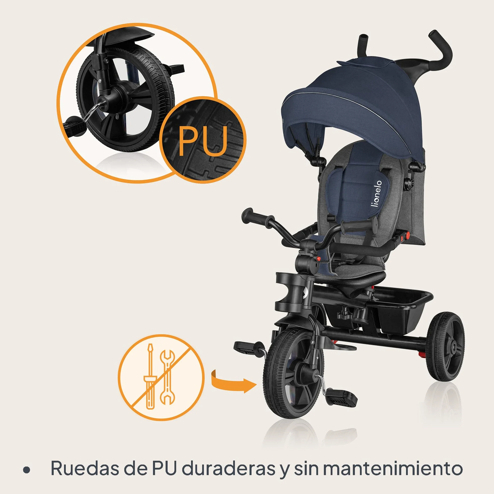 LIONELO Haari Triciclo Evolutivo para Niños, Bicicleta Bebe 4 en 1, Menores hasta 25 kg, 1,5-5 años, Carrito Cesta espaciosa, Bolsa y portavasos, Cinturones de 3 Puntos, Toldo Jeans