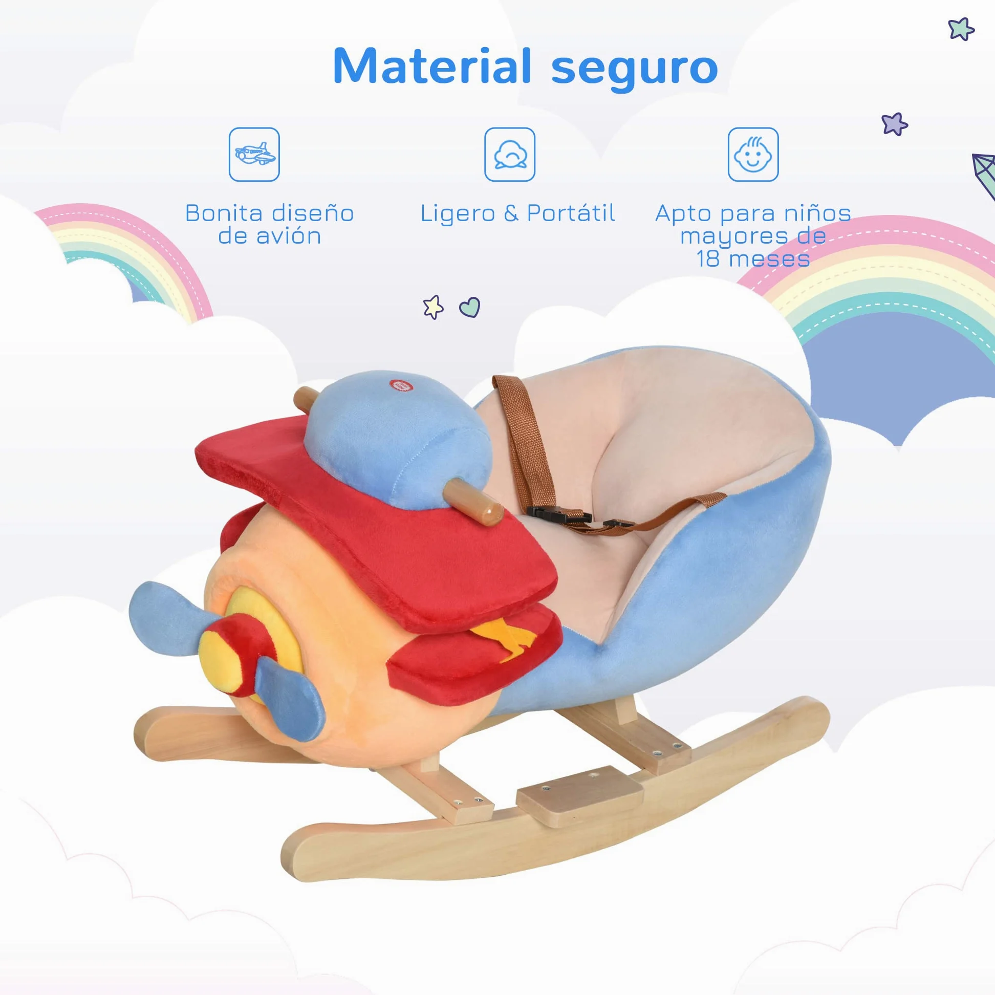HOMCOM Caballo Balancin Niño Avion Peluche+Musica Cinturon Seguridad Caballito Infantil