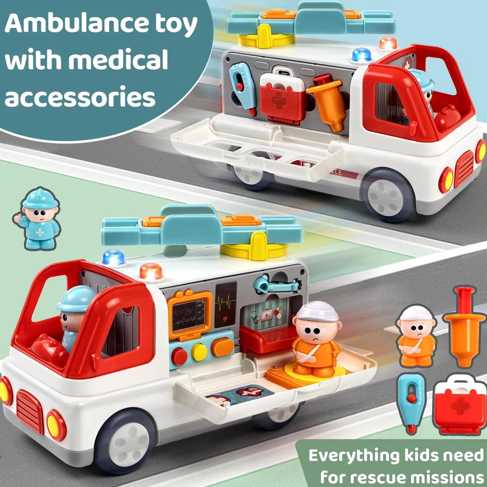 Juguete de ambulancia para niños a partir de 1, 2, 3 y 4 años con sonido ligero, ambulancia Montessori con figuras de accesorios médicos, muchas funciones juguetes educativos vehículos, regalos para