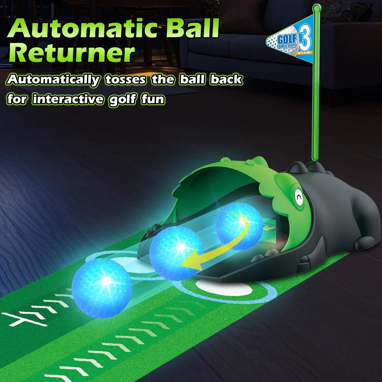 TERRAMUS Set de Golf 3 en 1 para Niños con Devolvedor de Golf Automático de Dinosaurio, Tablero de Cornhole de Golf, Pelotas Iluminadas con LED, Tapete de Putting,Juguetes,Juegos de Mini Golf Pequeños