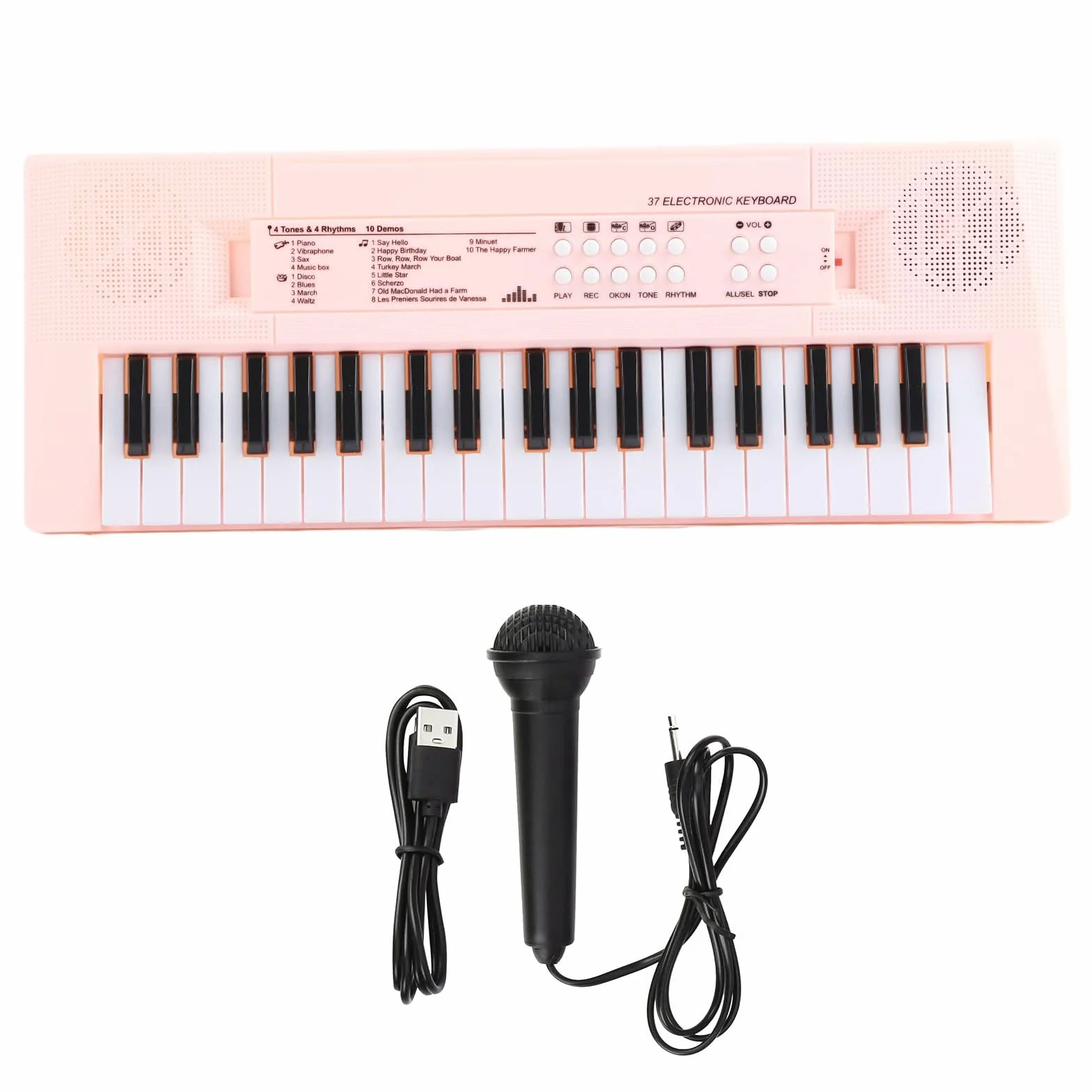 Ejoyous Teclado Piano eléctrico de 37 teclas, teclado musical portátil para principiantes con función de grabación, micrófono incluido, teclas blancas y negras, alimentación de batería USB AA (rosa)