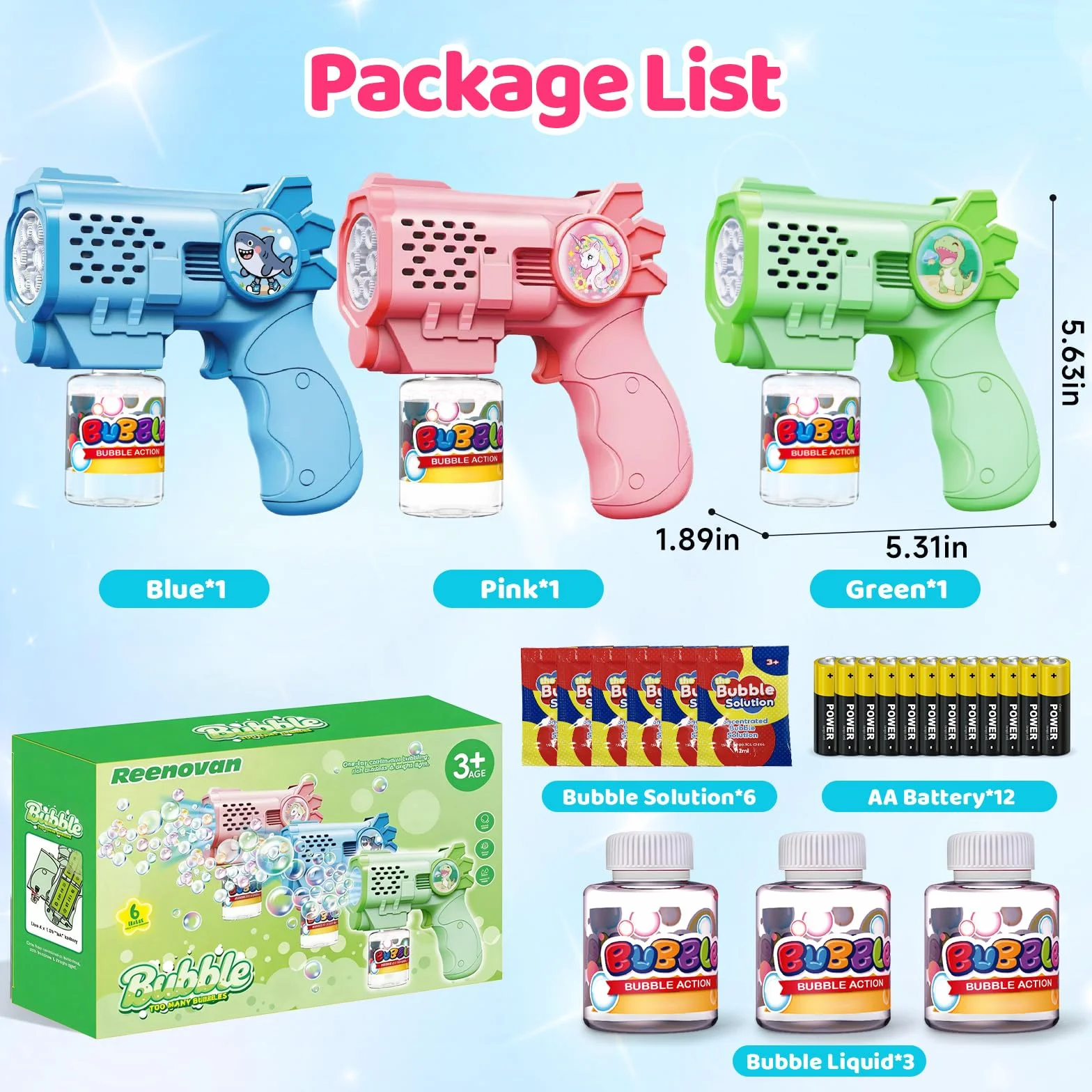 Tecnock Pack de 3 Pistolas de Burbujas Automáticas para Niños, 12 Pilas AA Incluidas, 3 Botellas de Solución y 5 Recargas, Ligeras, Antiderrames, Regalo de Cumpleaños y Detalles para Fiestas