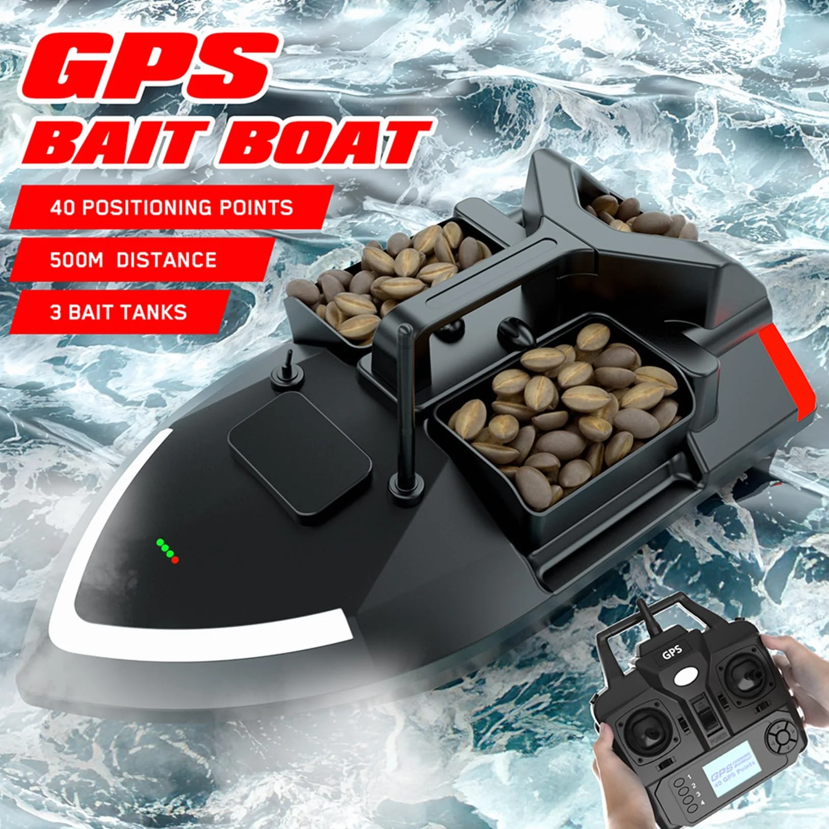 Barco GPS Smart RC de cebos, Crucero Automático de Doble Motor con Tres Tolva de Gran Capacidad y Luz Nocturna LED (V020-12000mAh)