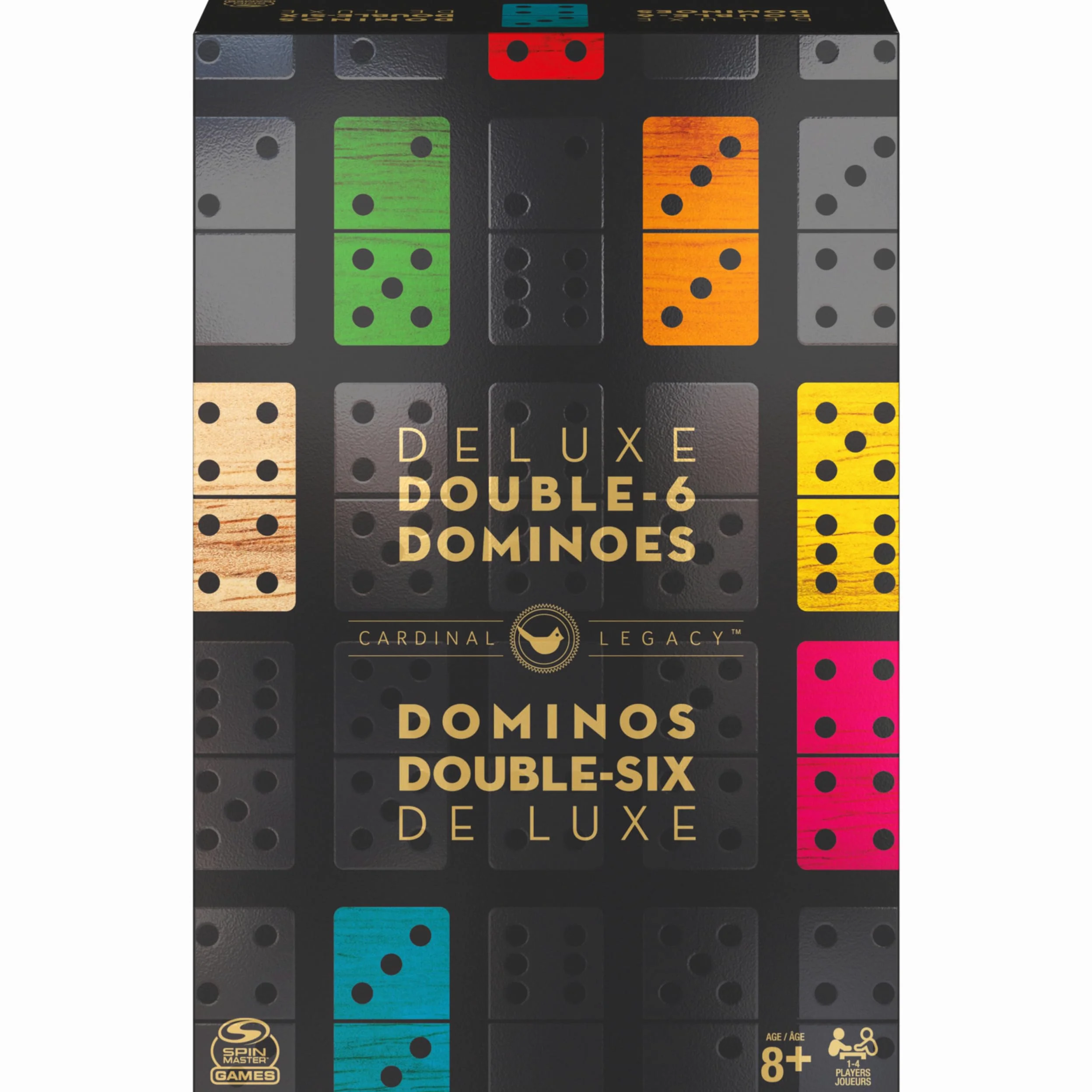 Spin Master Games, Cardinal Legacy Deluxe Double 6 Dominó, juego de mesa clásico de 28 dominó en estuche de madera forrado, para niños y familia, 1-4 jugadores, para edades de 8 años en adelante