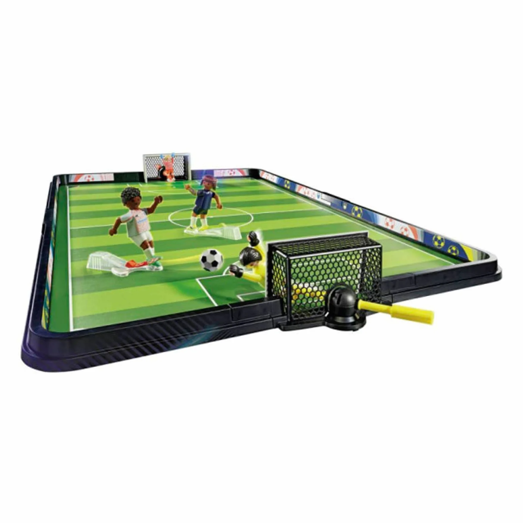 PLAYMOBIL Sports y Action 71120 Campo de fútbol, Futbolín para niños, 2 porteros, 2 futbolistas con función de Patada, 3 balones