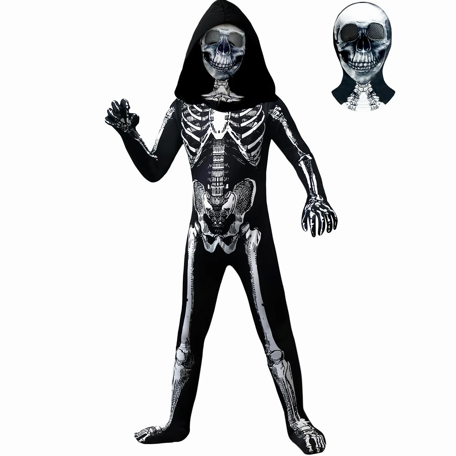Disfraz de esqueleto de Halloween para niños, disfraz de esqueleto con capucha, huesos con máscara para niños y niñas, disfraz de cosplay de Halloween