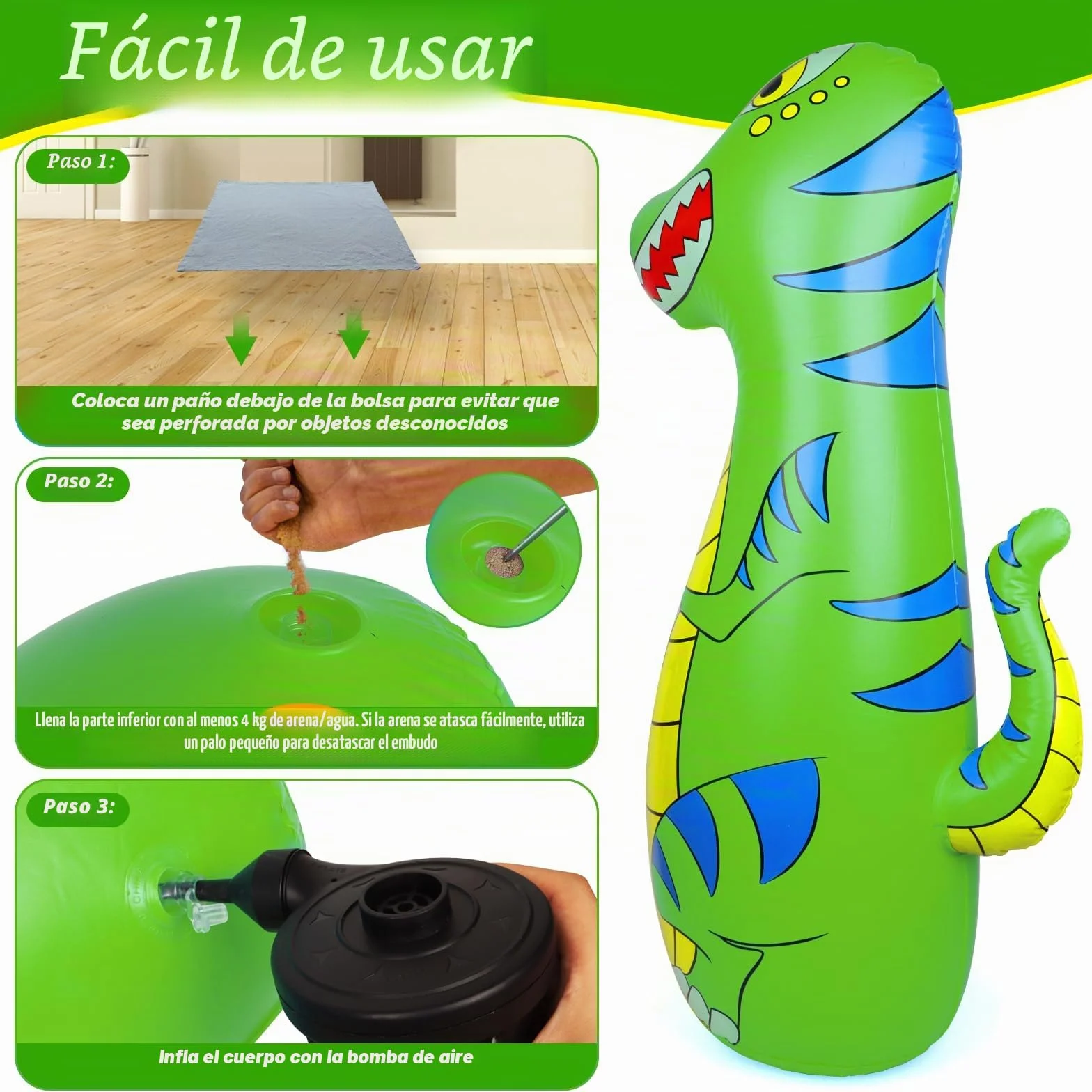 Saco de Boxeo Niños 120cm Hinchable Dinosaurio Bolsa Boxeo con Guantes Regalo 3-9 Años