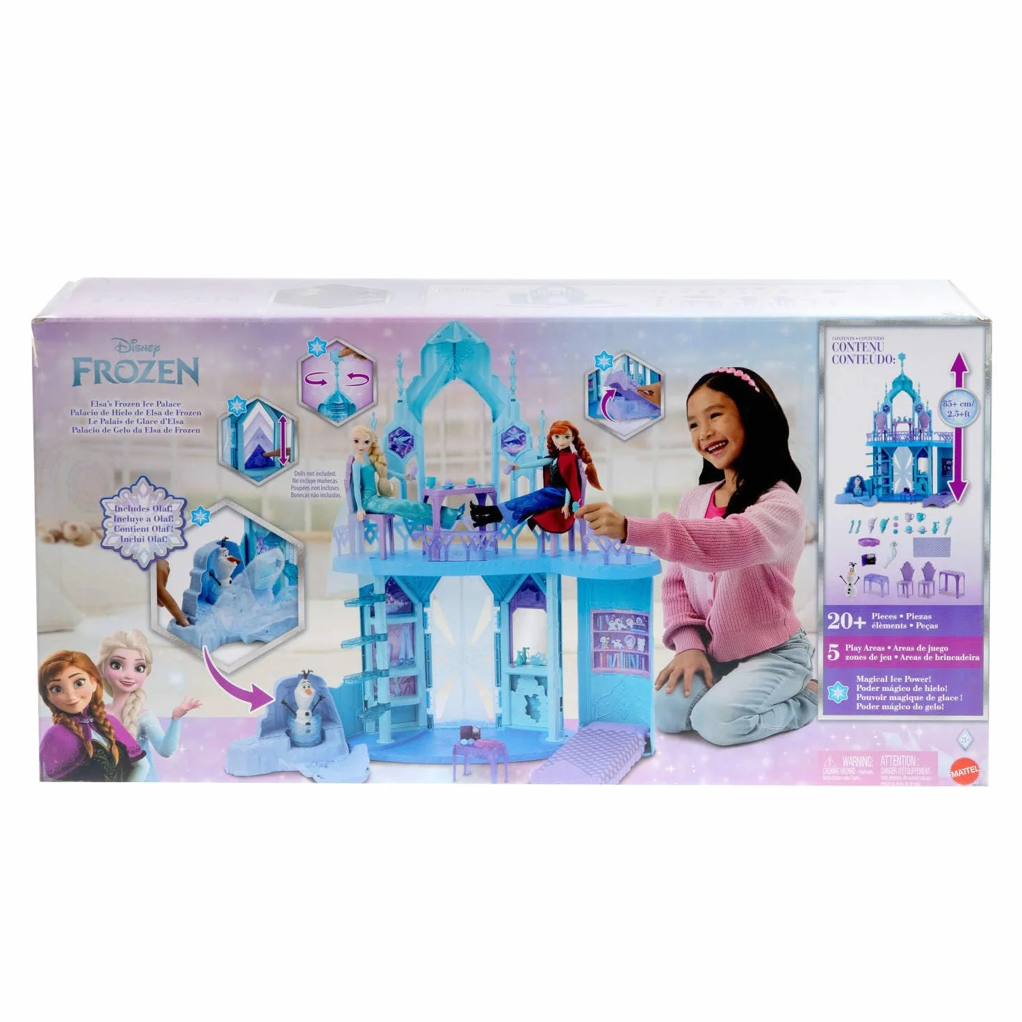 Mattel Disney Frozen Conjunto de juego Palacio de hielo de Elsa de más de 76cm de altura con figura de Olaf, 5 zonas de juego y 21 accesorios, inspirado en las películas, JGG41