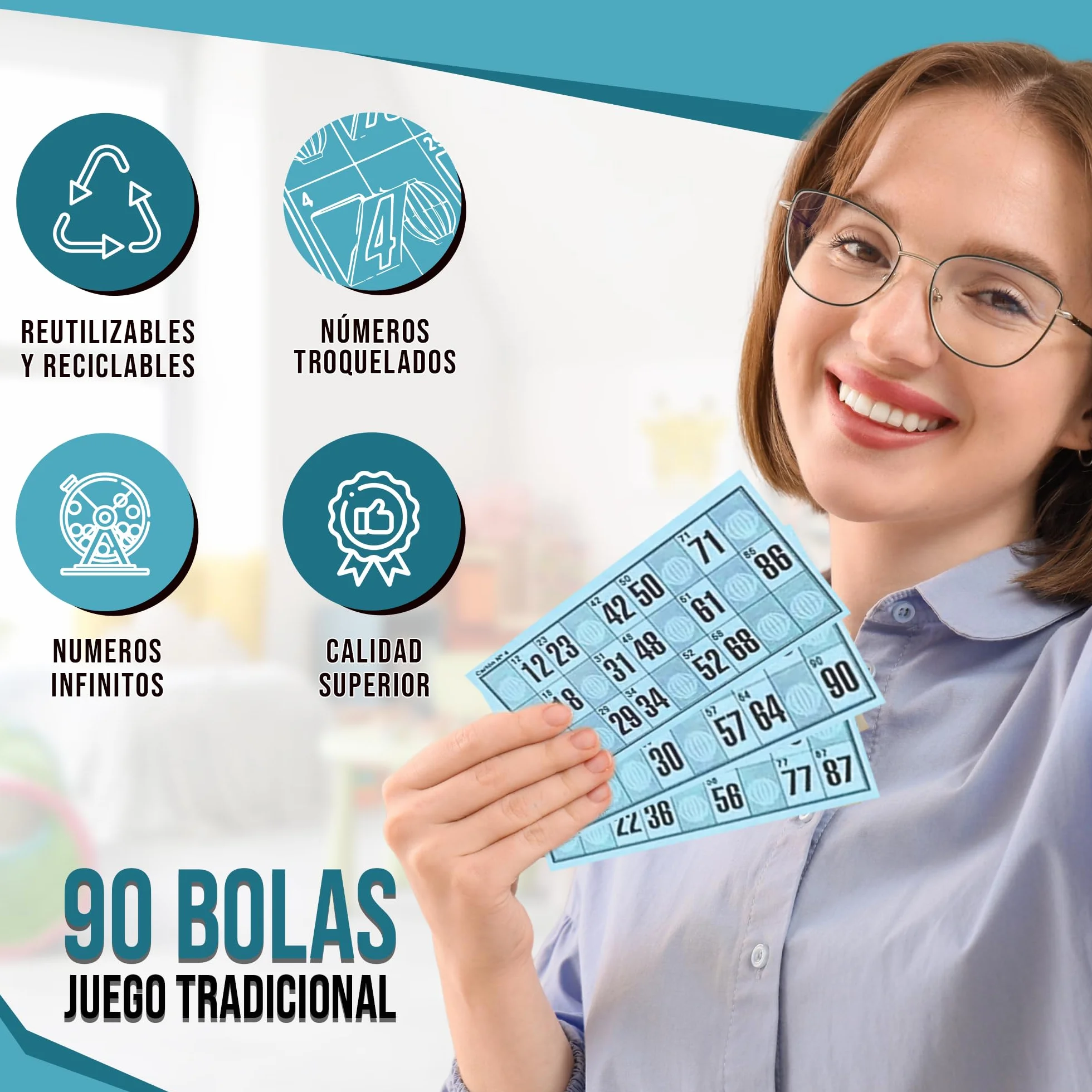 Cartones de Bingo Troquelados Reutilizables 90 Bolas – Serie Completa Numerada, Juego Tradicional para Eventos (Azul)