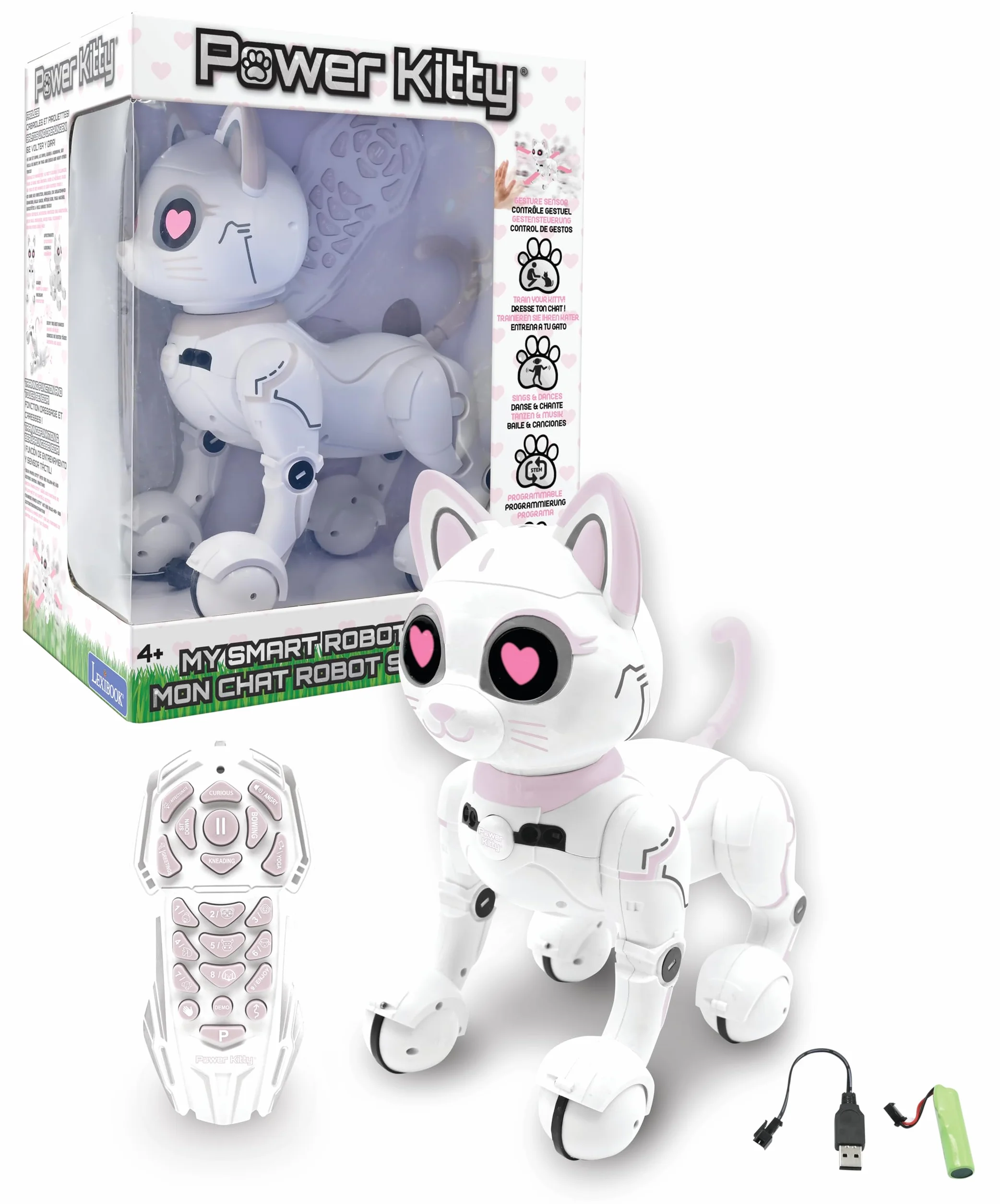 LEXIBOOK - Power Kitty® - Gato Robot Teledirigido, Robot Inteligente Programable, Luz, Sonido, Blanco/Rosa - KITTY01