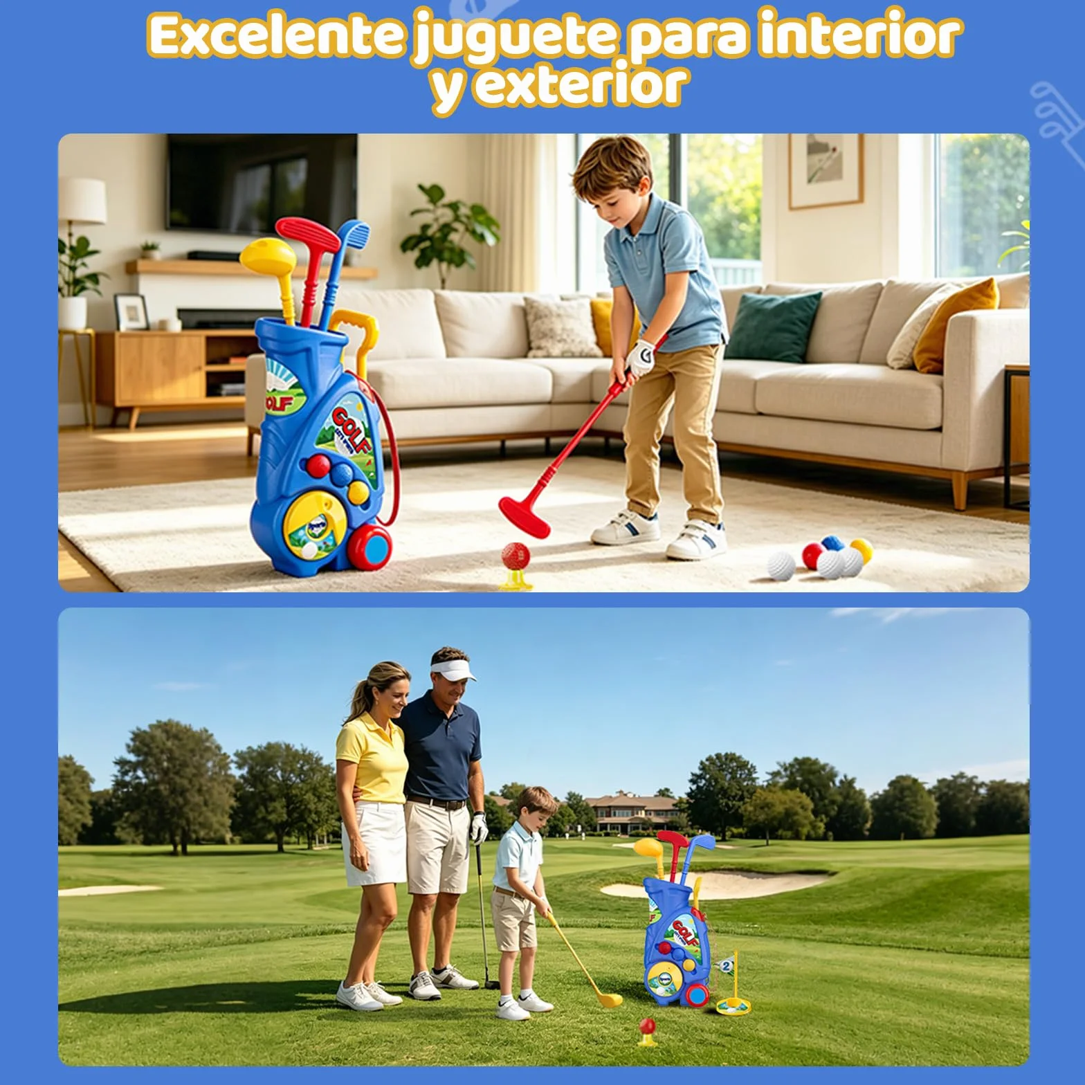 Naxudcoo Juguetes Niños 2 3 4 Año: Juego de Golf con Carrito Mejorado y Correa para Hombrero, Juguete Educativo para Interior y Exterior, Regalo Ideal para Cumpleaños, Navidad (Azul)