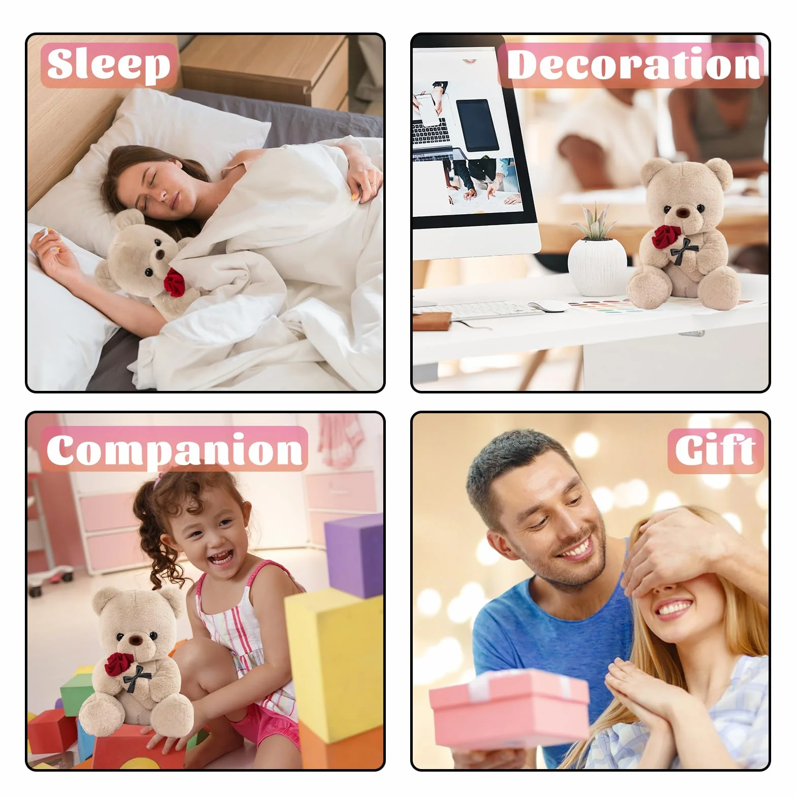 Oso de Peluche con Rosa, Regalos Originales para Mujer, 25cm Oso de Peluche Osito Peluche Tierno Juguete de Peluche con Marrón Regalo Sant Jordi Aniversario Cumpleaños Boda para Mujer Amiga