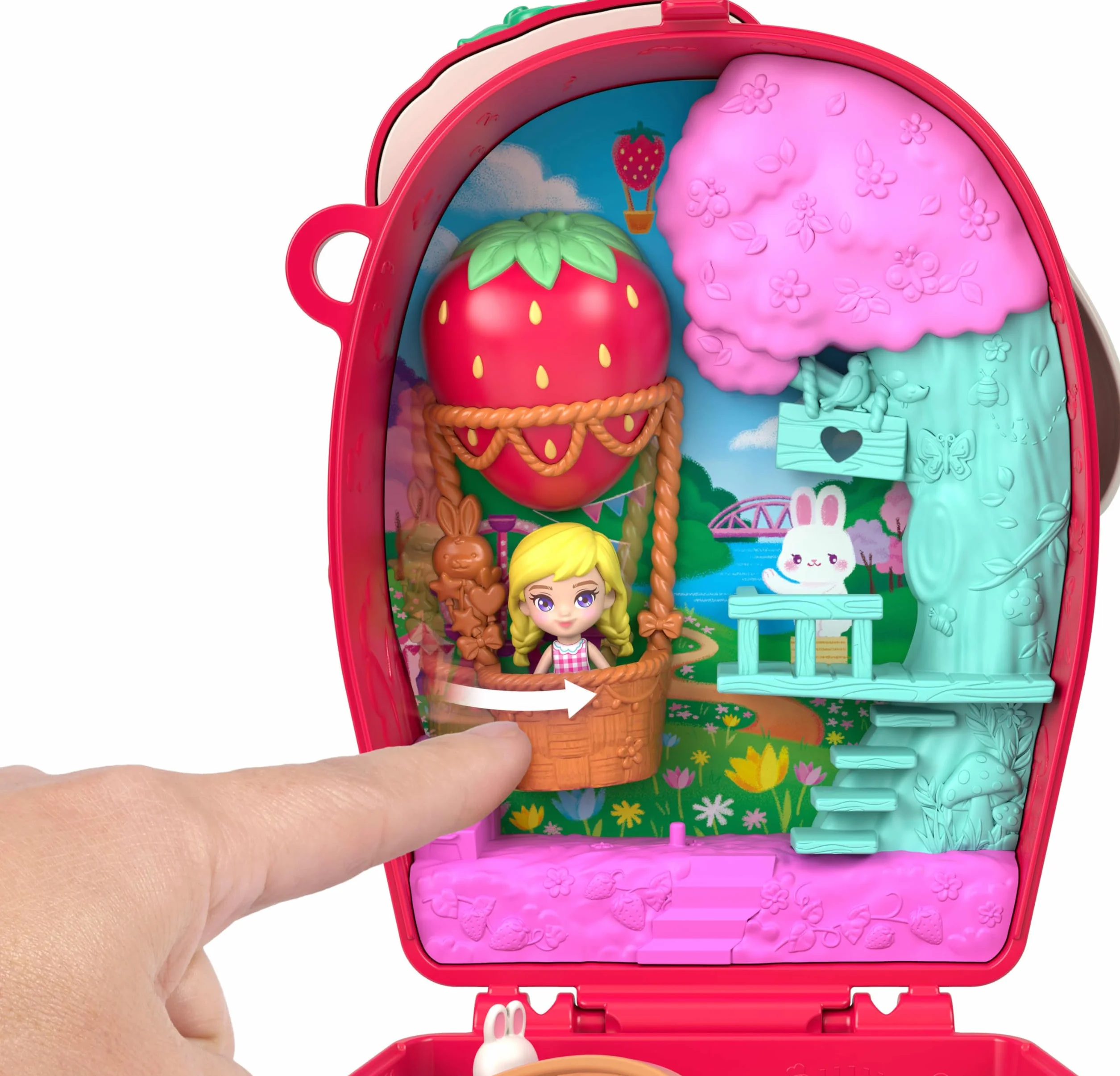 Polly Pocket Estuche Conejito de pícnic, Conjunto de Juego con muñeca, Juguete de Viaje con una minimuñeca, una Mascota y Accesorios temáticos de Fruta, como Fresas, JKC47