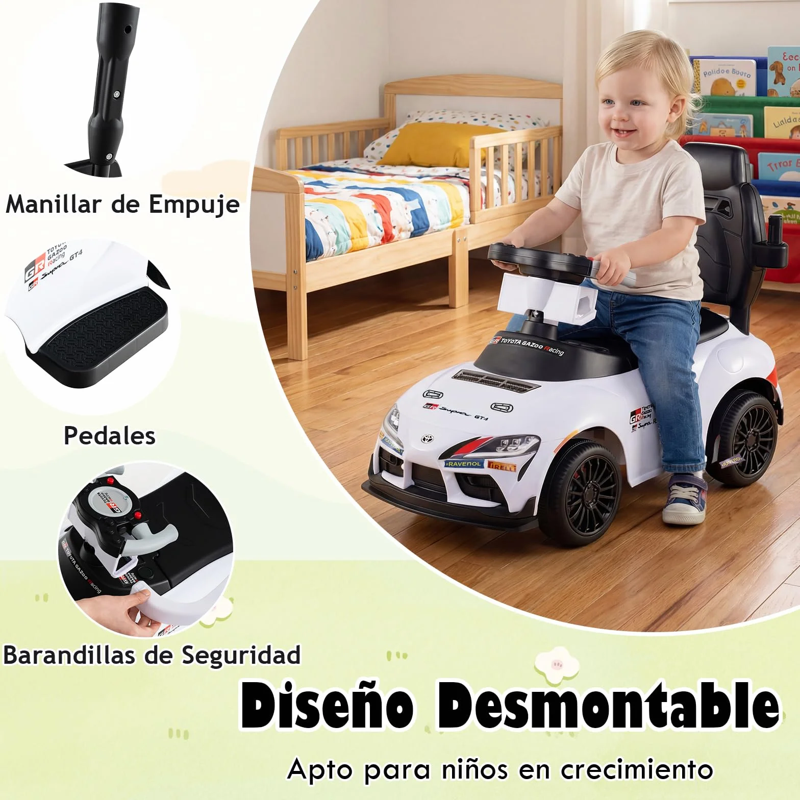 GOPLUS Correpasillo 3 en 1, Coche Correpasillos para Niños con Barra de Empuje, Barandilla de Seguridad Desmontables, Volante con Sonido y Música, Almacenaje bajo Asiento, para 1,5-5 Años (Blanco)