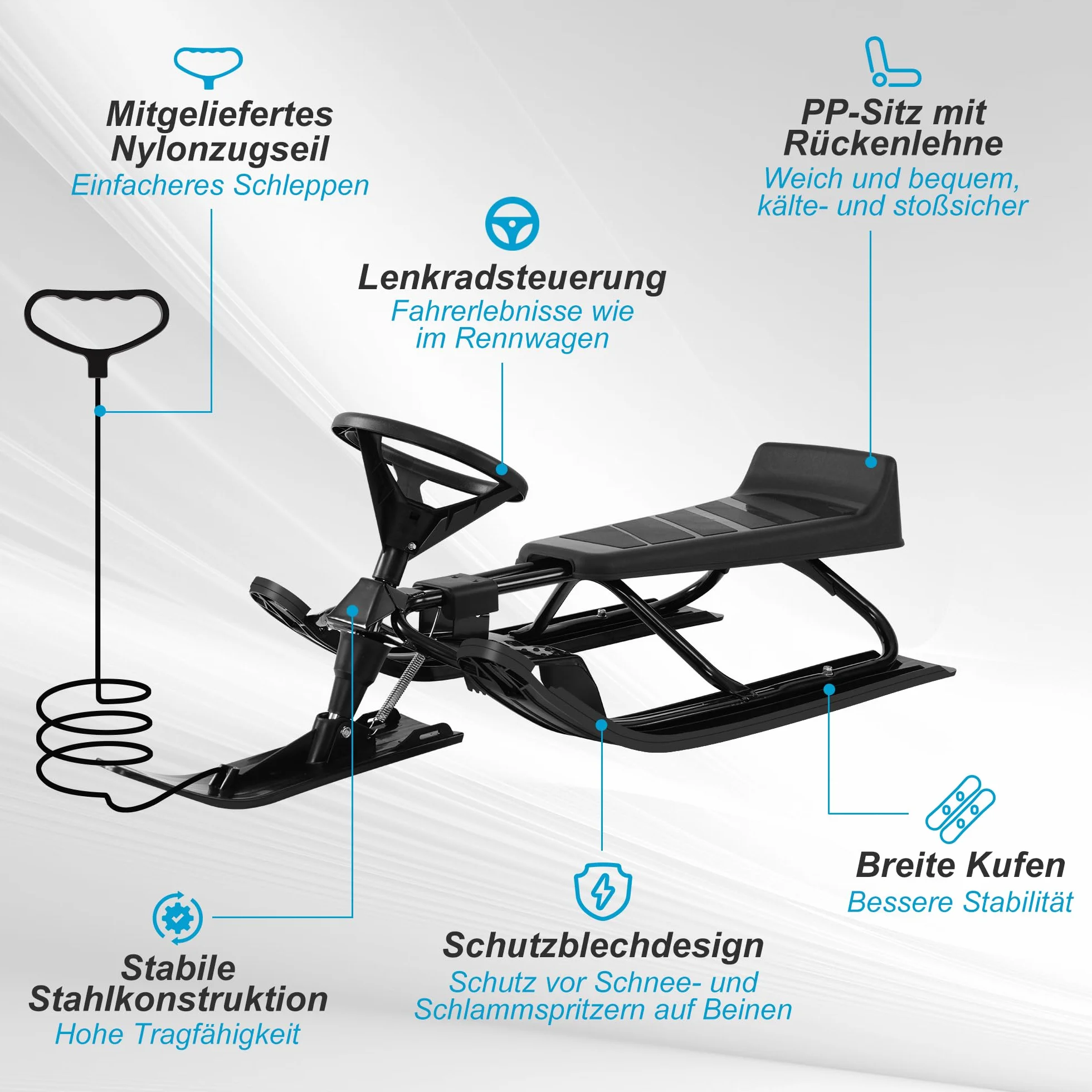 Laneetal Trineo de Dirección con Volante, Esquí Infantil con Asiento y Cuerda de Remolque, Estructura de Metal, Trineos para Niños y Jóvenes, Trineo de Patín con Resorte de Suspensión, Freno de Pie