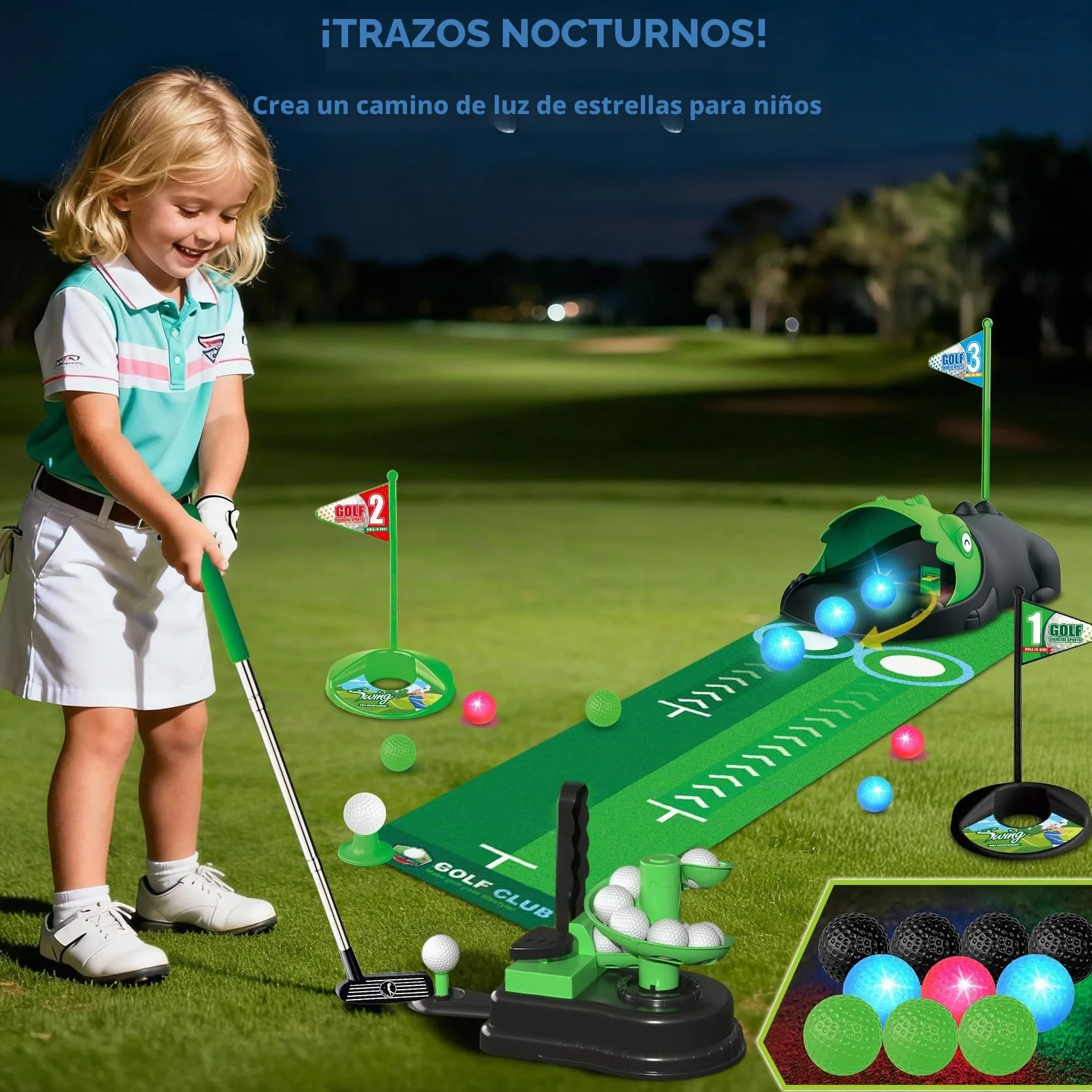 TERRAMUS Juego de Golf Infantil Mejorado, 3 en 1 con Lanzador automático de Pelotas de Dinosaurio y Pelotas con luz LED, minigolf para niños de 3 a 8 años