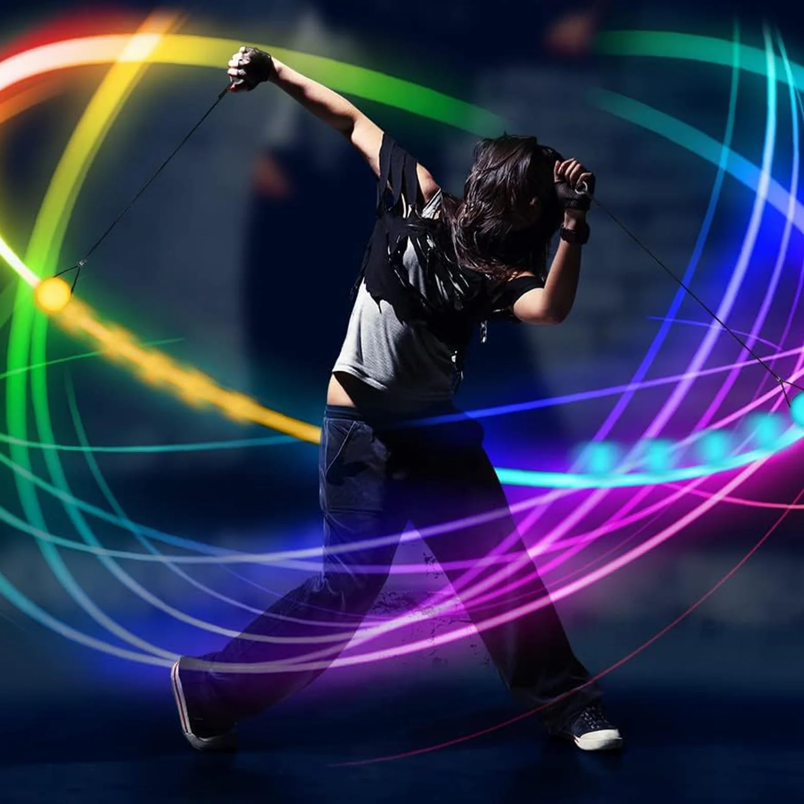 Juego de 2 bolas de poi LED luminosas, con colores arcoíris y efecto estroboscópico, juguetes de circo, juguetes spinning POI para niños y adultos