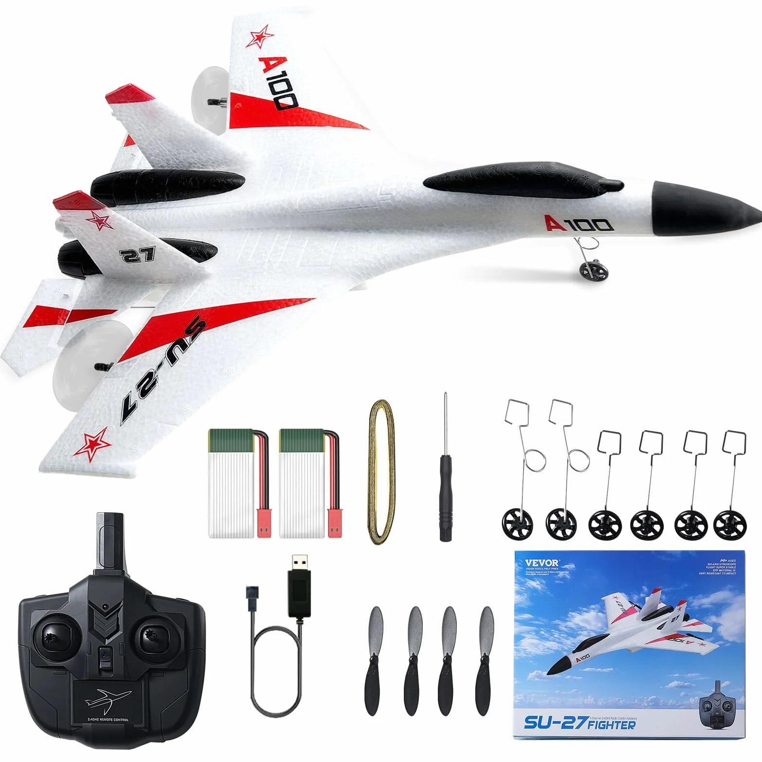 VEVOR Avión RC Avión de Control Remoto de 4 Canales de 2,4 GHz con Estabilizador Giroscópico de 6 Ejes Avión de Combate Listo para Volar Juguete con 2 Baterías para Adultos, Niños, Principiantes