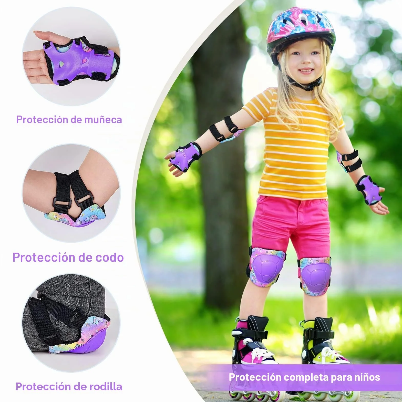 Protecciones Skate Niño Unicorn Castle 6 Piezas Rodilleras Coderas Muñequeras Patines Niña