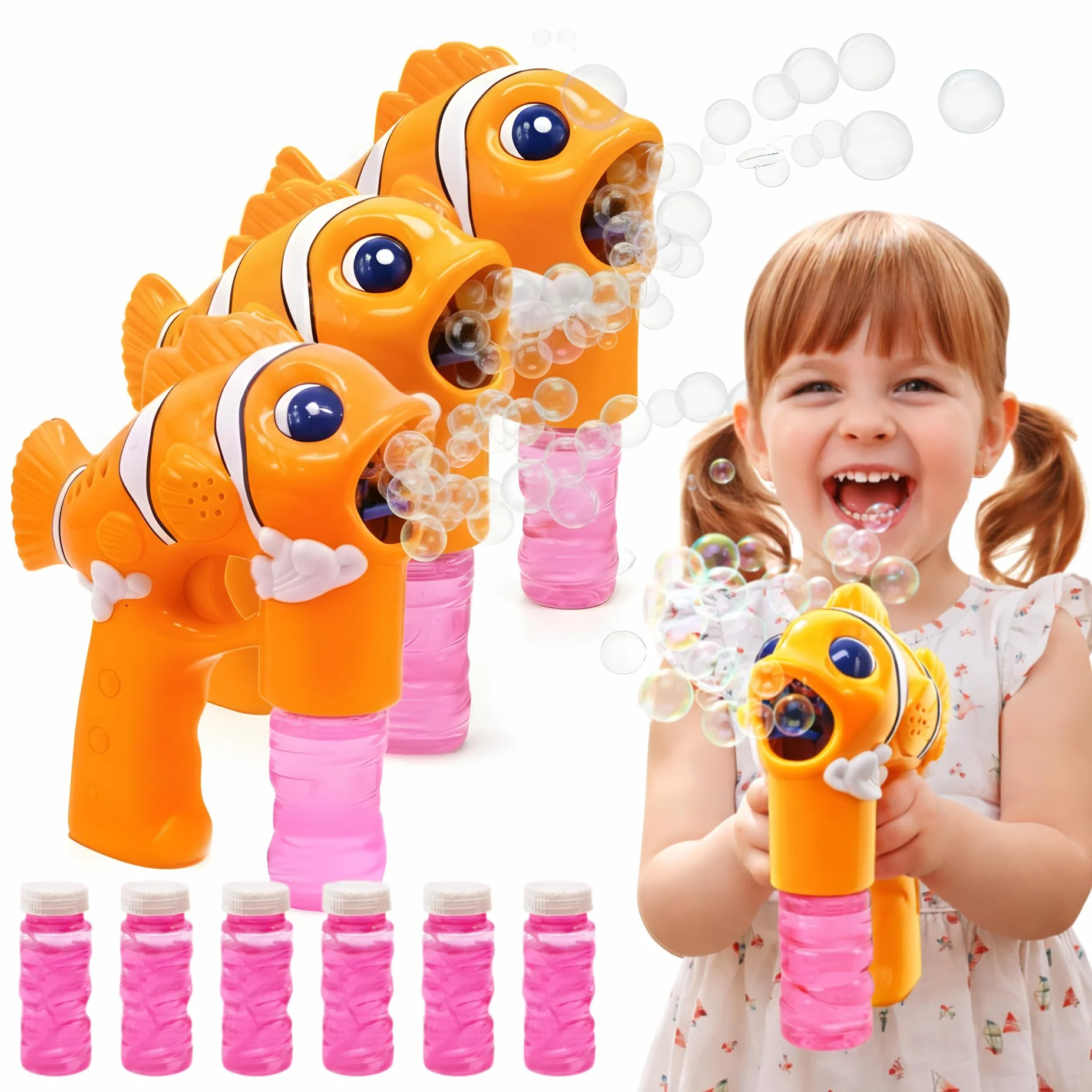 Pistola de Burbujas - Set de 3 - AMATOYS - Máquina de Pompas Automática con Luces - Forma de Animales - Pomperos para Niños y Niñas - Juguete para Piscina y Verano (PEZ_Naranja)
