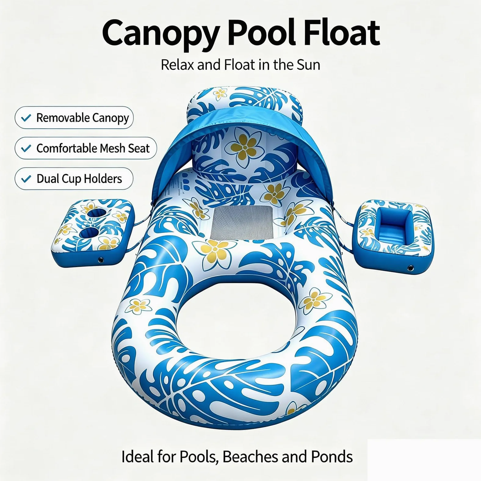 Flotadores Inflables para Adultos con Respaldo y reposabrazos Colchoneta Hinchable Piscina de PVC Plegable con Parasol Cubierta Inferior de Malla Ideales para Diversión Descanso