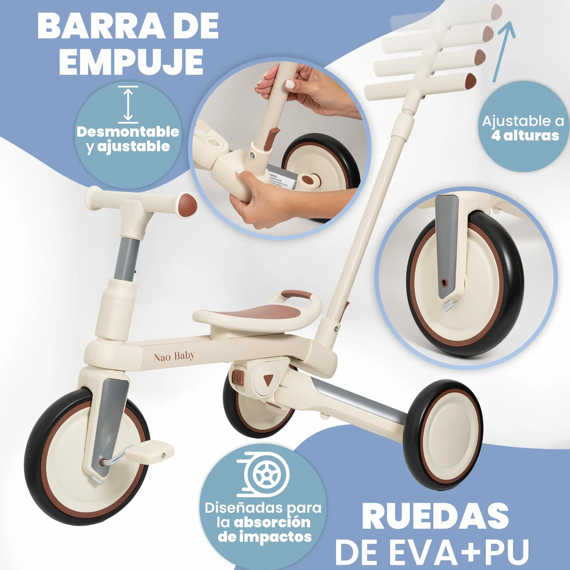 Triciclo Evolutivo Plegable y Ajustable para Bebé y Niño (1-5 Años) con Barra de Empuje Direccional – Ideal como Bicicleta Niño 2 Años, Triciclo Bebé 1 Año y Correpasillos (Sin Capota)