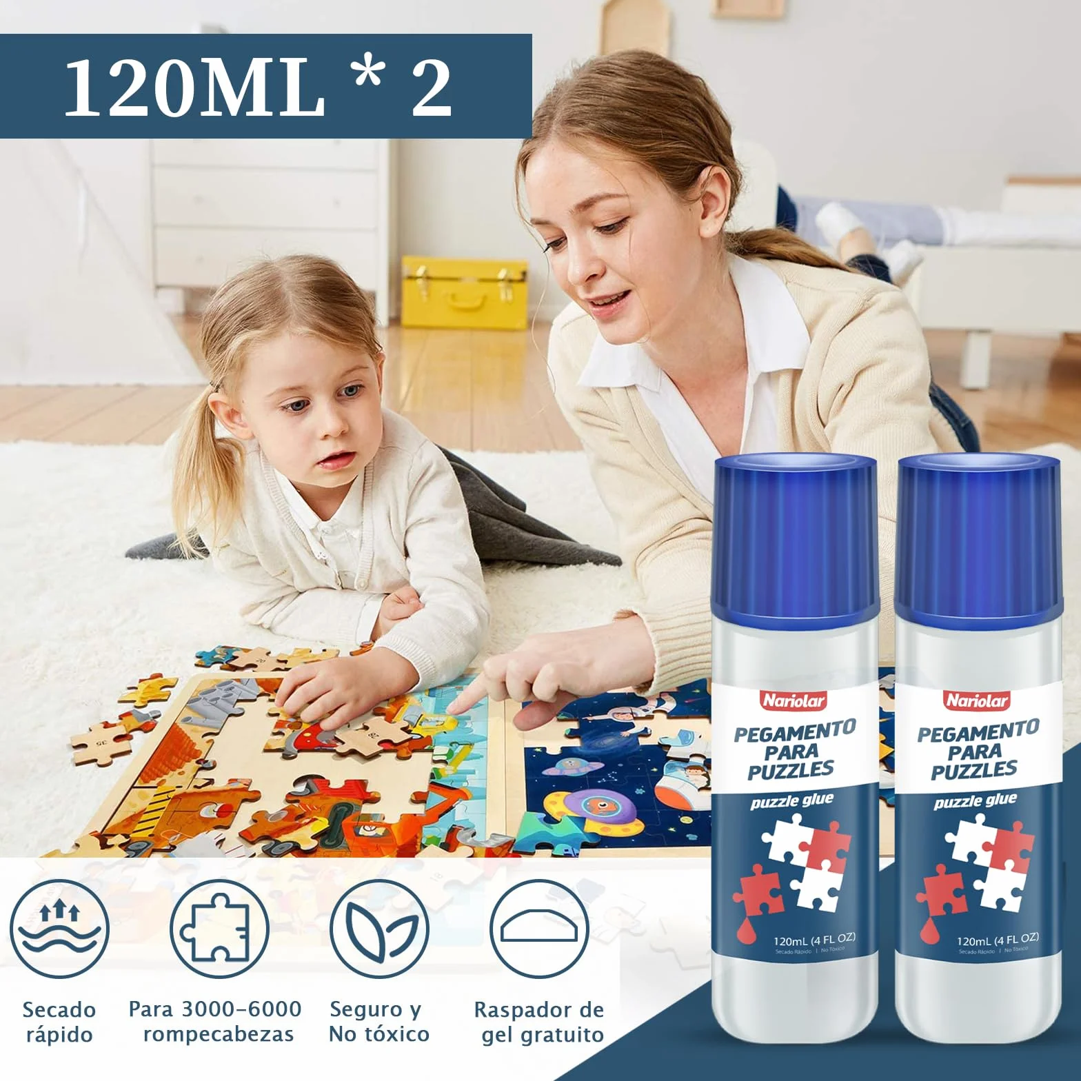 Nariolar Pegamento Puzzle, 2 * 120ml Pegamento para Rompecabezas, con Aplicador y Secado Rápido