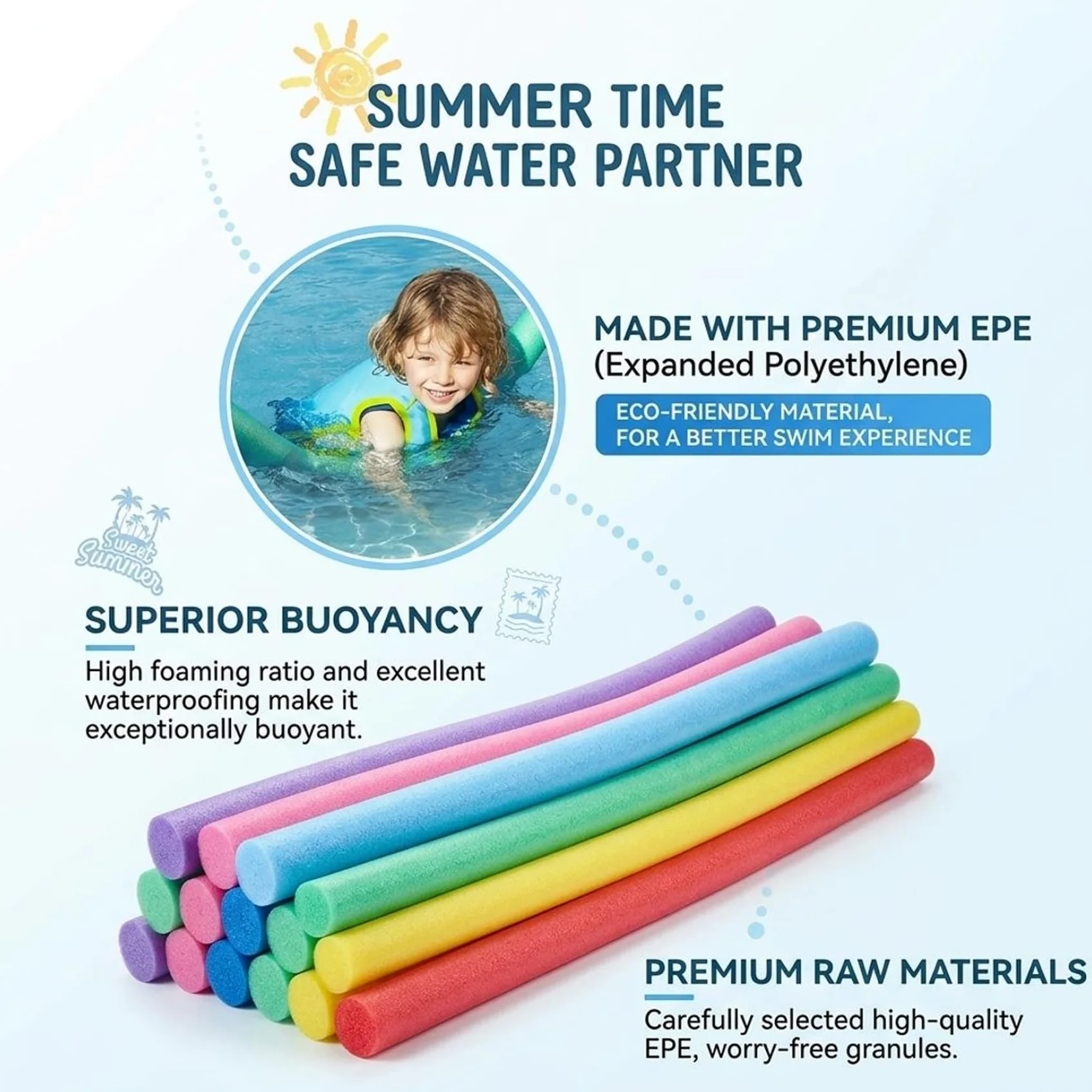 Pool Noodles, paquete de 6, espuma EPE brillante, negro, 47, 2 pulgadas. | Espuma flotante de EPE, adecuada para niños y adultos, ideal para juegos acuáticos en la piscina