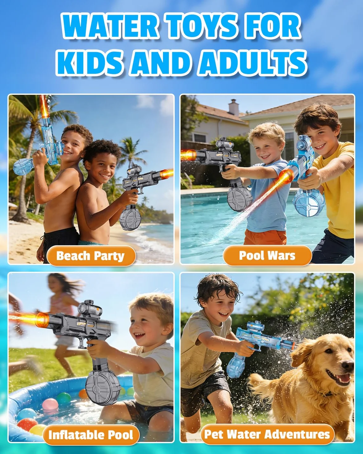 2 Piezas Pistola de Agua Eléctrica, Pistola de Agua Niños con Llama LED, Gran Capacidad Recargable Pistola de Agua Automática, Alcance 8-10 M, Exterior Juguetes para Niños 3+, Piscina, Playa, Fiesta