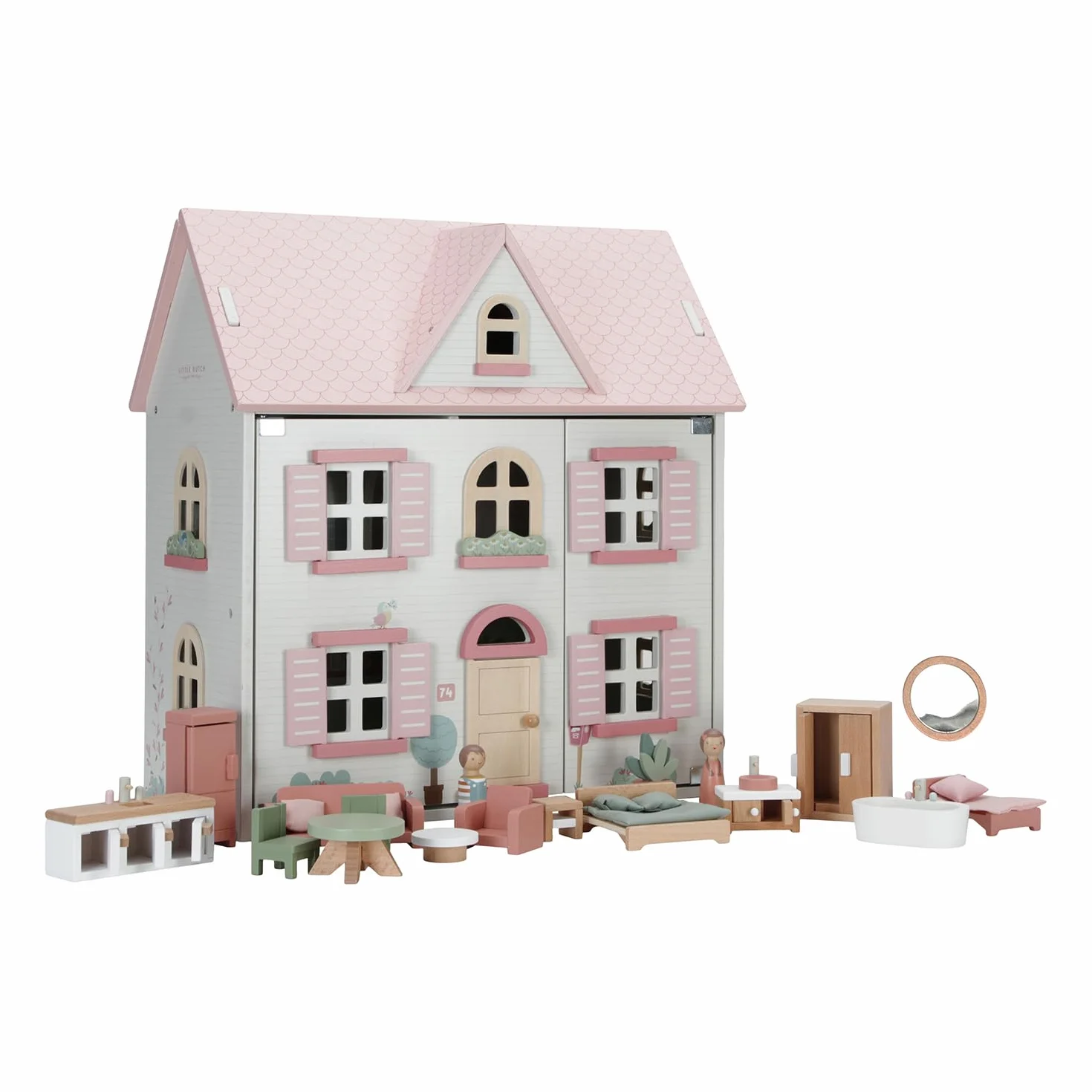 Little Dutch Casa de muñecas grande de madera desplegable con muchos accesorios, figuras de juego y muebles, color blanco y rosa