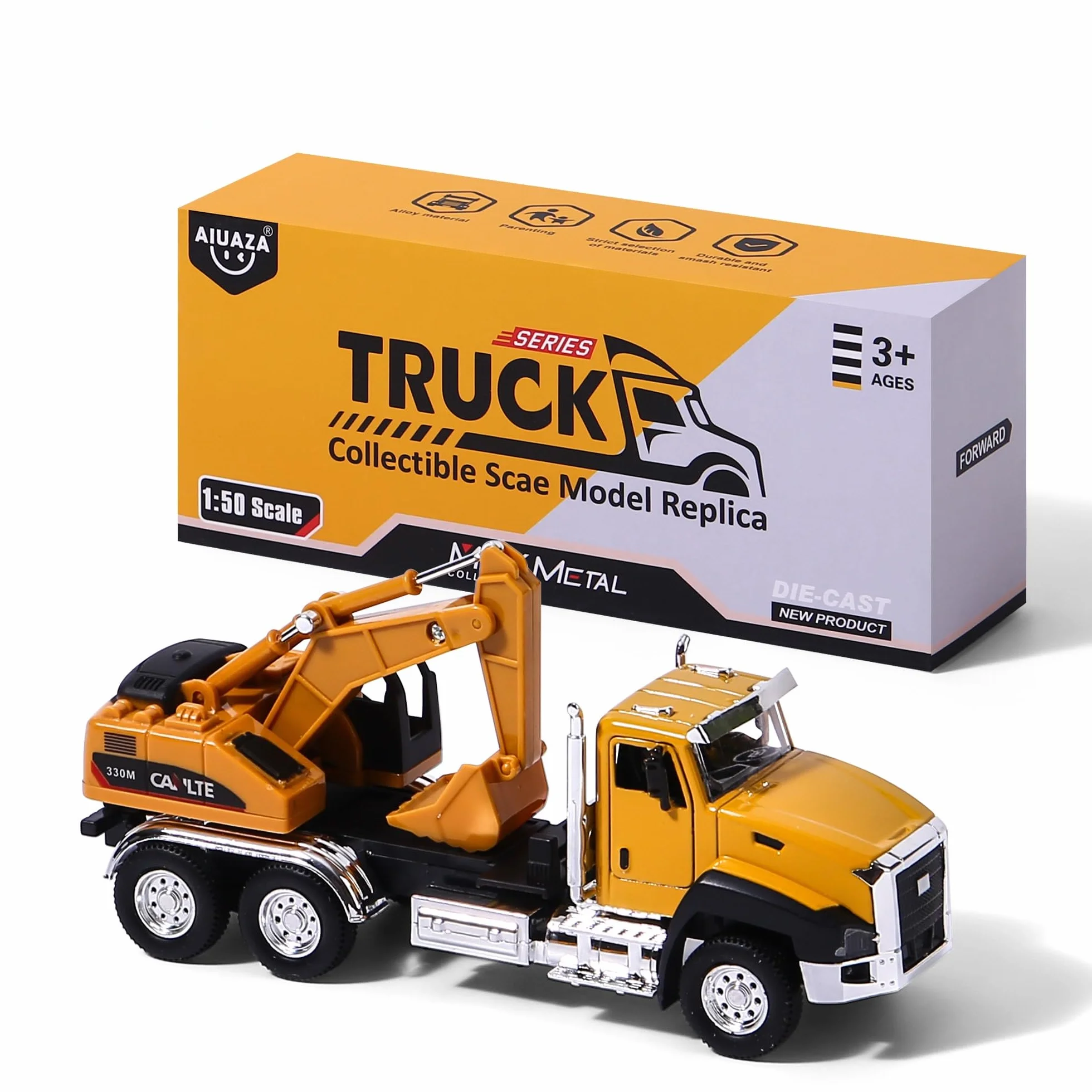 AIUAZA 1/50 Ratio Die-Casting Engineering Construction Vehicle, Mixer Truck, Alloy Collection Model Car, Boy's Door Opening Pull Back Car Toy (Excavator)
