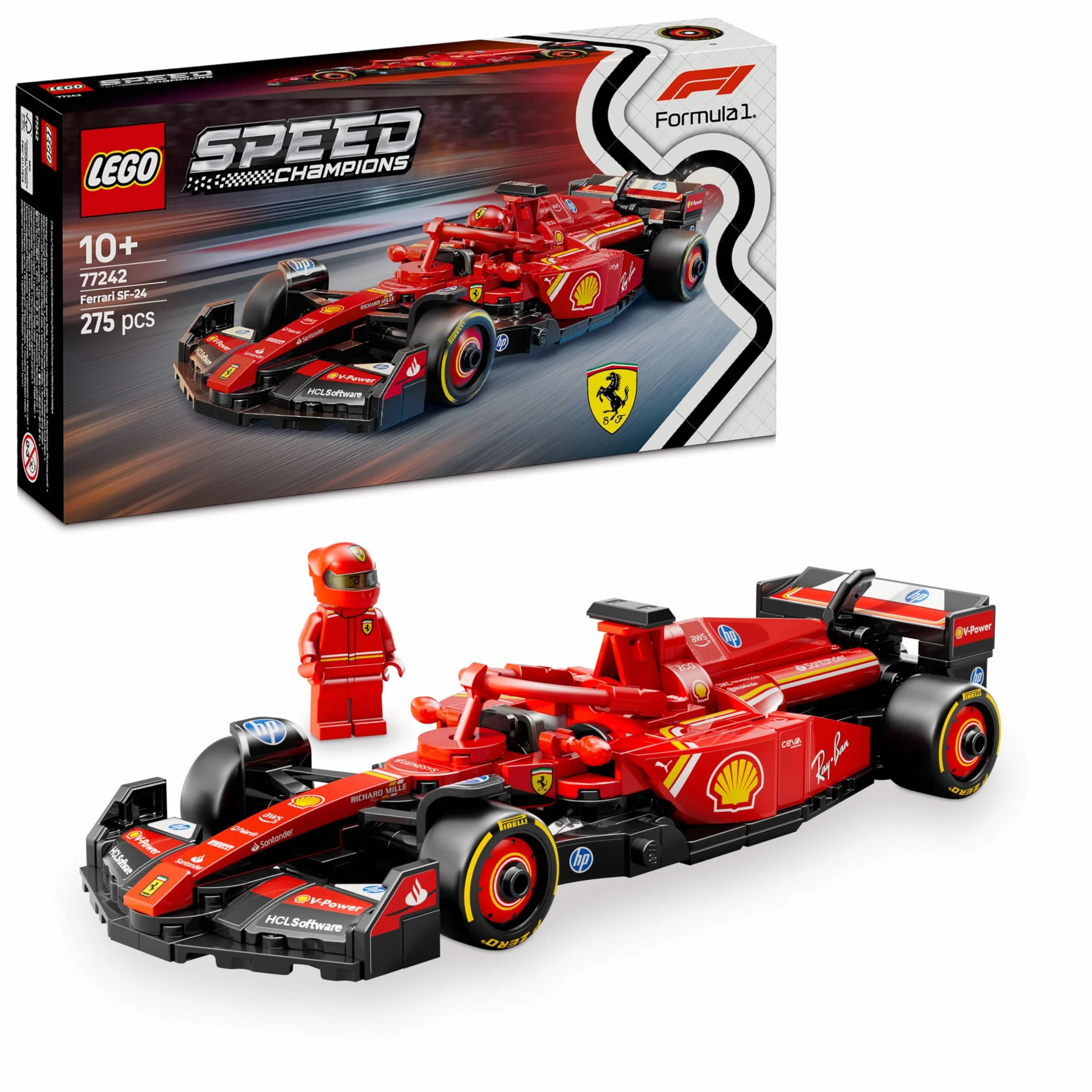 LEGO Speed Champions Coche de Carreras Ferrari SF-24 F1 de Juguete - Maqueta de Vehículo Rojo de Fórmula 1 y Minifigura de Piloto para Coleccionar - Regalo para Niños y Niñas de 10+ Años 77242