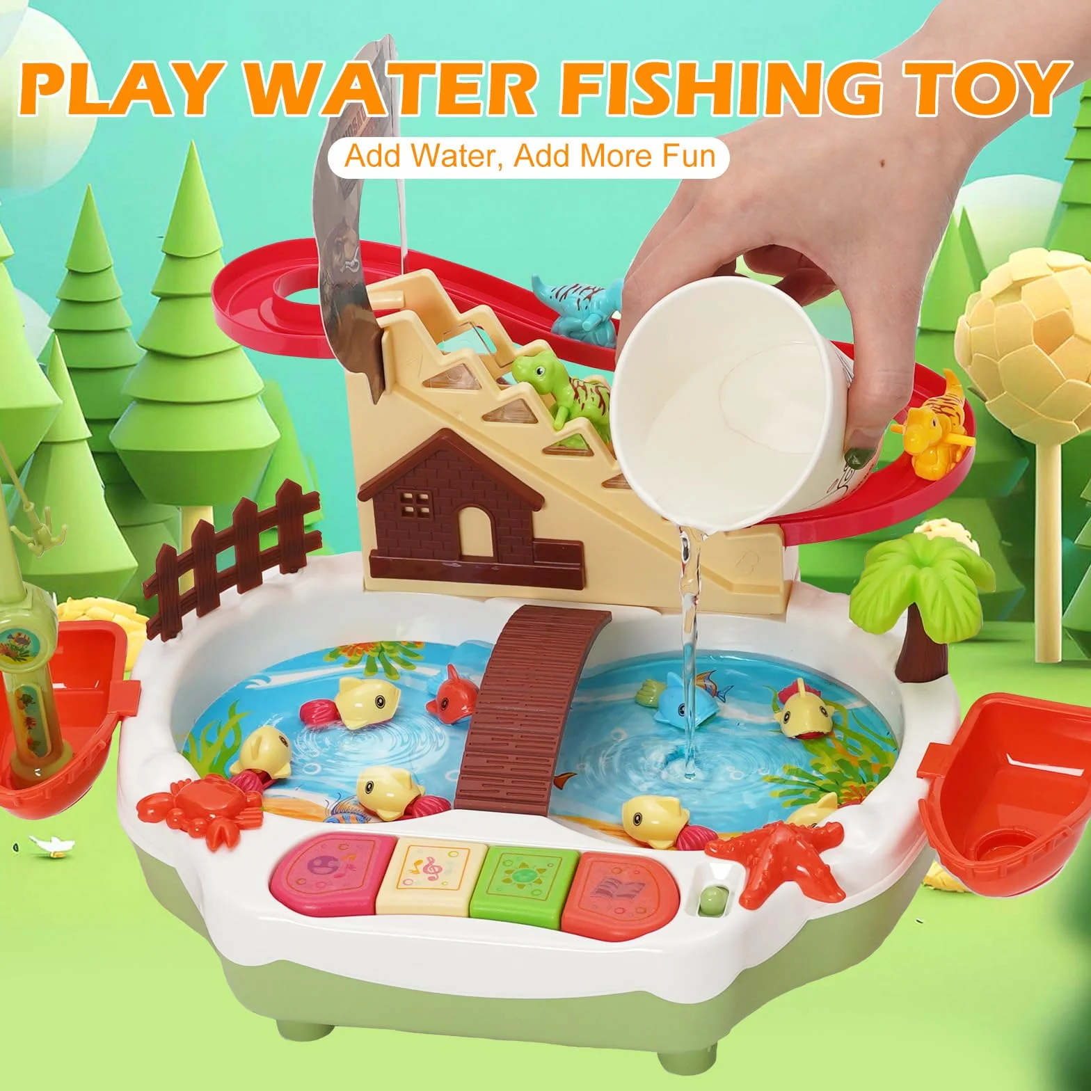 Juguete de pesca multifuncional 2 en 1, juego de pesca para subir escaleras con pista deslizante, 2 cañas de pescar, para niños y niñas