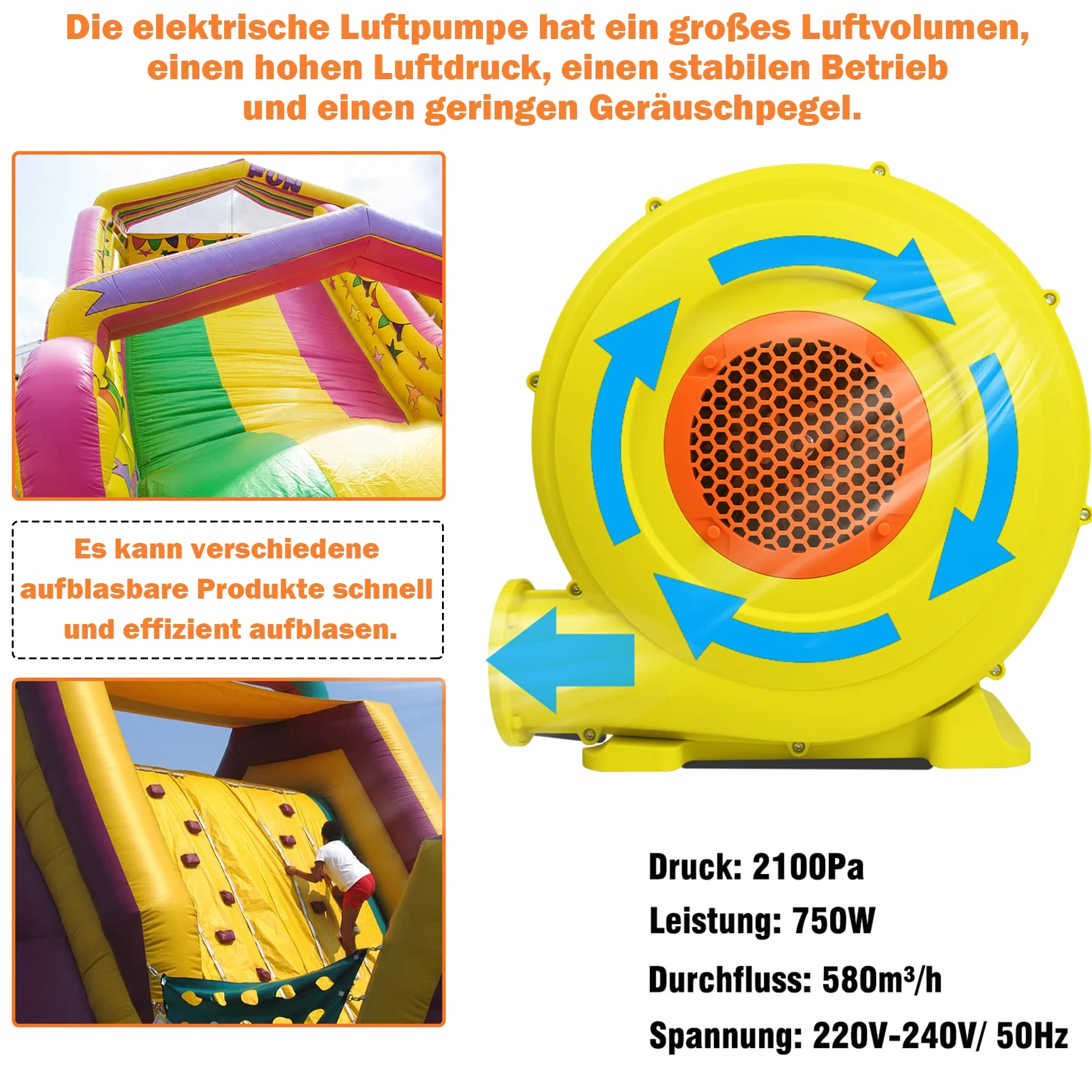 Froadp 750W Ventilador de Aire para Castillo Hinchable 220-240V Bomba Inflable Eléctrica con Mango y Pica de Tierra Ventilador Centrífugo Hinchable Soplador para Juegos Inflables (Amarillo+Naranja)
