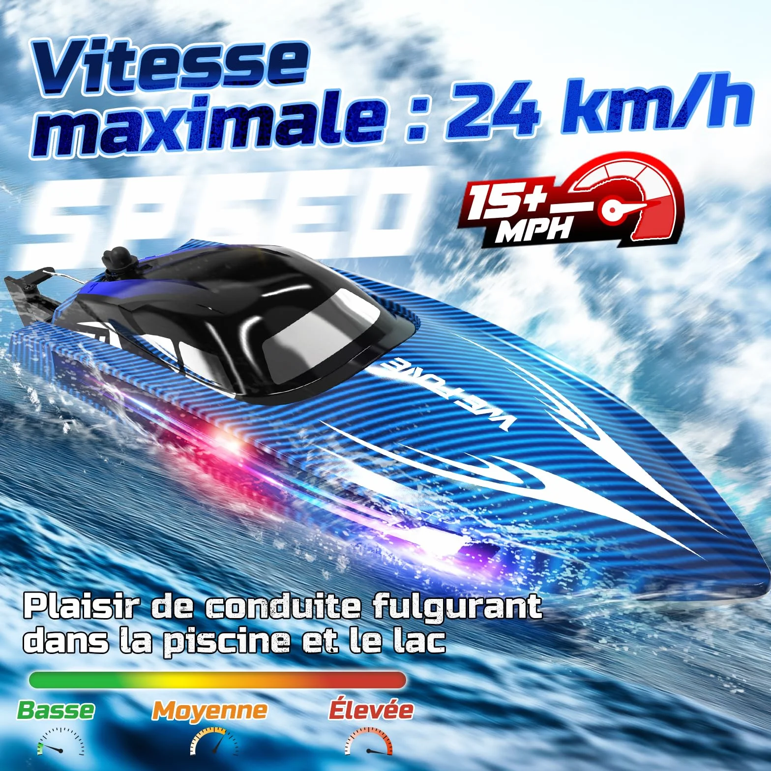 WeFone Barco teledirigido para adultos, 25+ KMH Fast RC Speed Boat con luz LED para niños, DEMO, WF17, ideal para piscinas y lagos de juguete, 2 baterías recargables durante 30-40 minutos (azul)