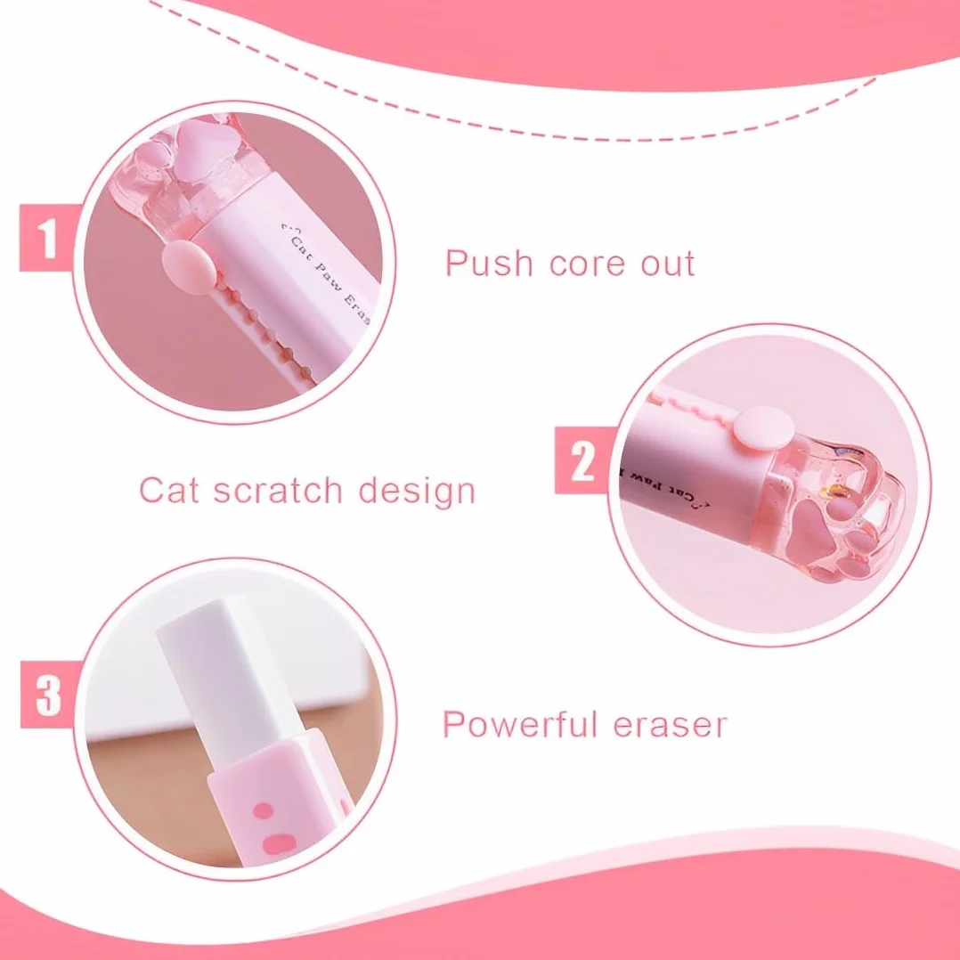 SGERUFZ Gomas de borrar para bolígrafos, 2 Unidades, Lindas con Patas de Gato para niños, Borrador retráctil de Dibujos Animados, Gomas retráctiles deslizantes