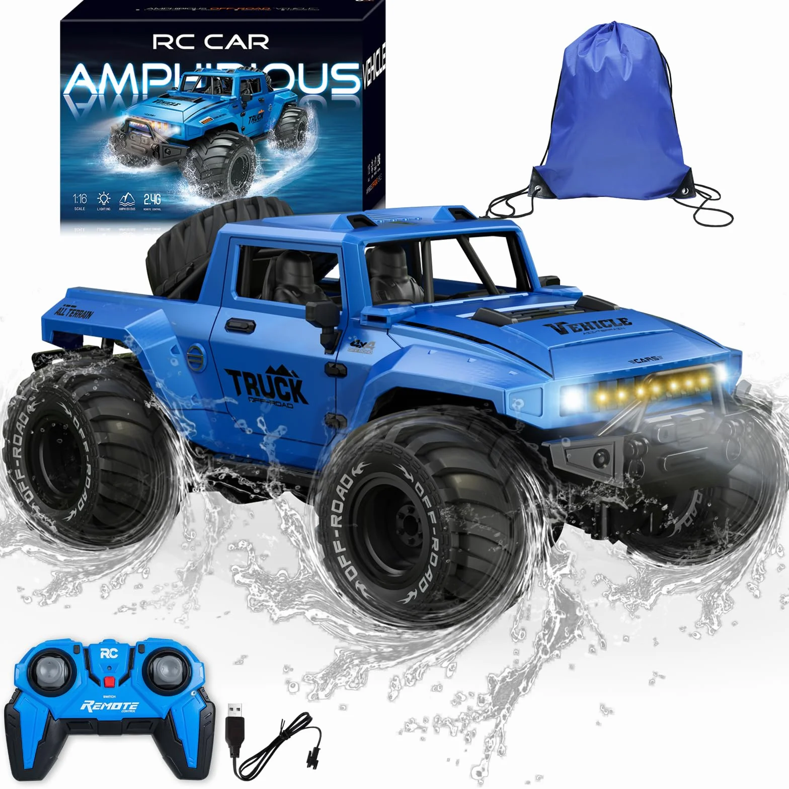 Coche Teledirigido, Anfibio Coches RC 1:16, Monster Truck teledirigidos Impermeable, Vehículo Acrobacias RC Car con Rotación de 360° y luz LED para Adultos niños