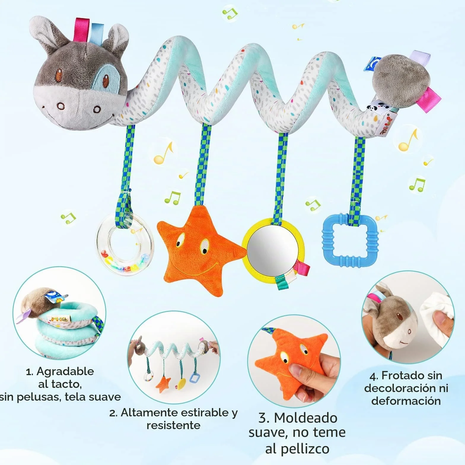 Vicloon Colgantes para Cochecitos Juguetes para Bebé de 0 a 24 Meses, Juguetes de Peluche en Espiral para Bebé con Mordedor y Sonajero, para Cochecitos/Cunas/Asientos de Automóviles (Burro)
